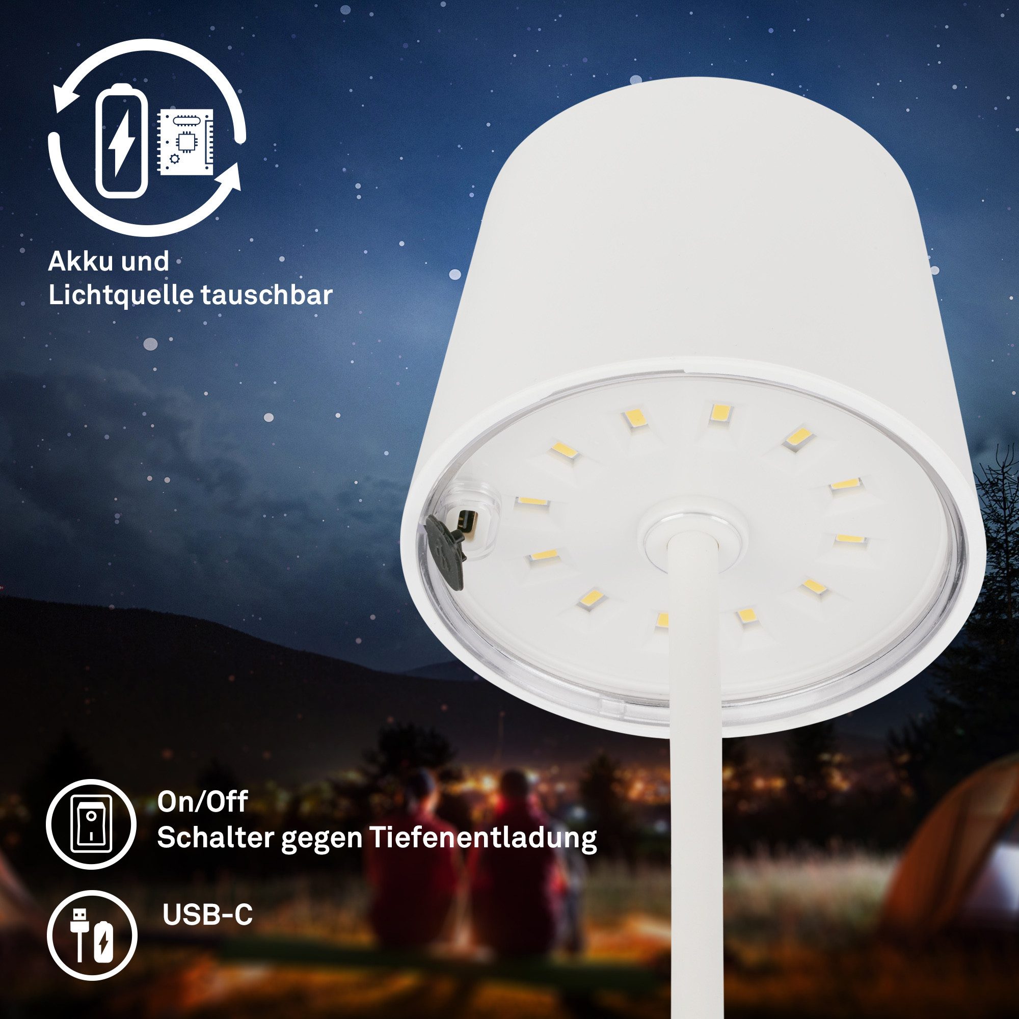 Briloner Leuchten Tischleuchte LED Tischlampe kabellos akku dimmbar In-/Outdoor Wohnzimmer, Einzelpack, LED fest integriert, 3.000K - Warmweiß, mit Akku, In-/Outdoor, USB-C, warmweiß, IP44, weiß, 35 cm