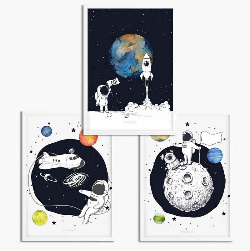 Sunnywall Poster Poster Kinderzimmer kleiner Astronaut (3er Set), Astronaut (Set), Poster
