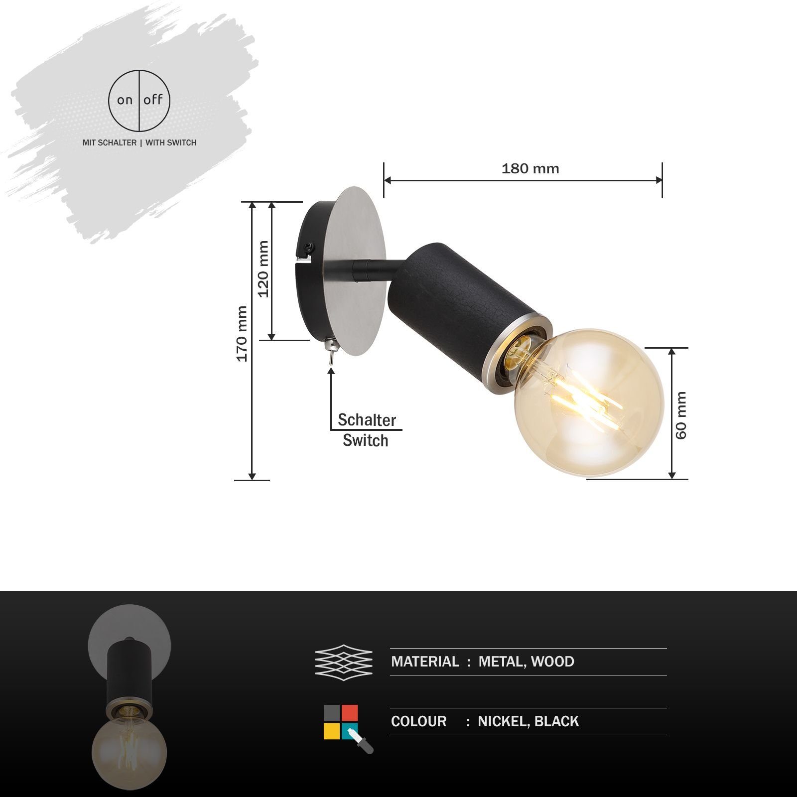 Wandleuchte Wandleuchte Innen Globo Wandlampe Schalter GLOBO Schwarz Wandstrahler mit