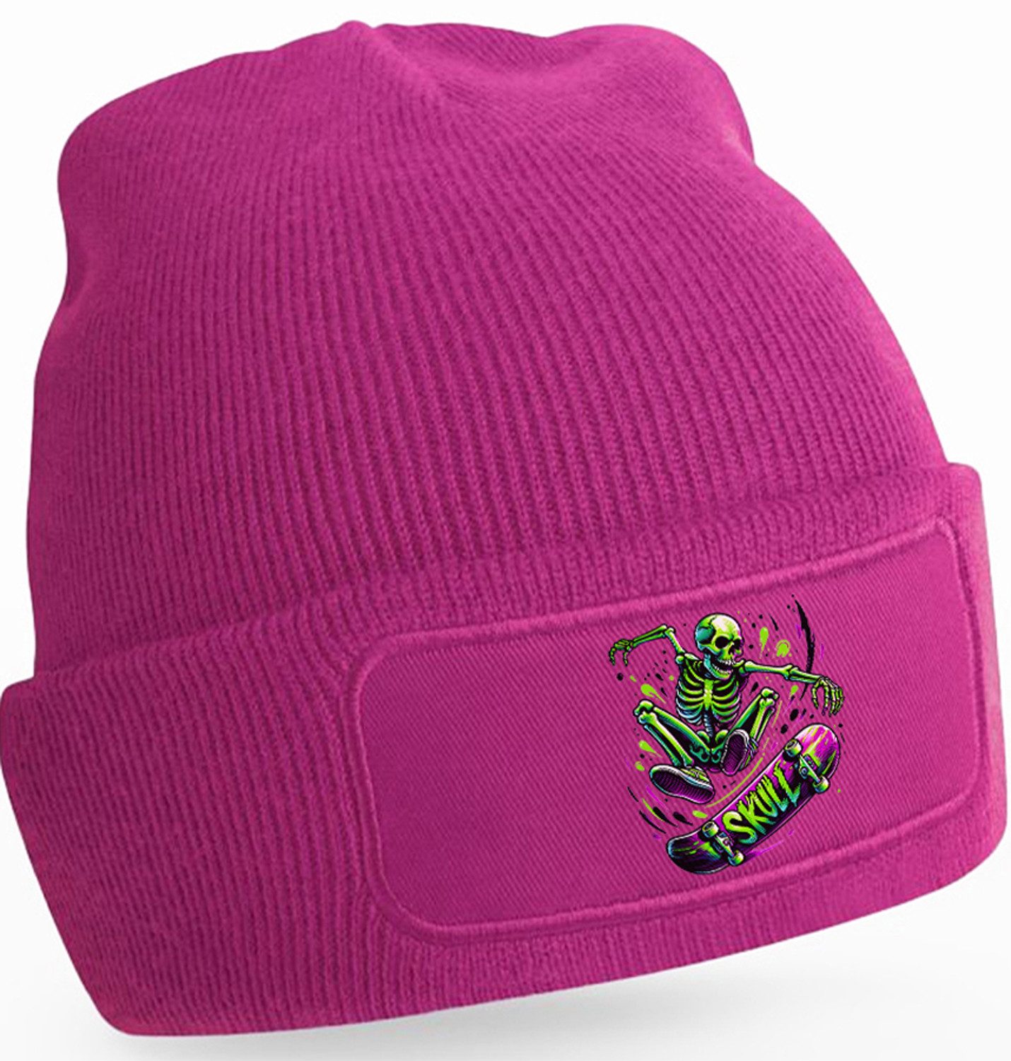 Strickmütze für kalte Tage - Beanie mit Umschlag und stylischem Skater Print