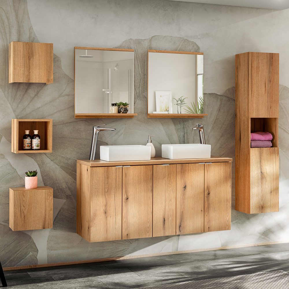 Lomadox Badmöbel-Set NEWPORT-56-OAK, (Spar-Set, 7-St., Spiegel Waschtisch), in Eiche, 140cm Waschtisch