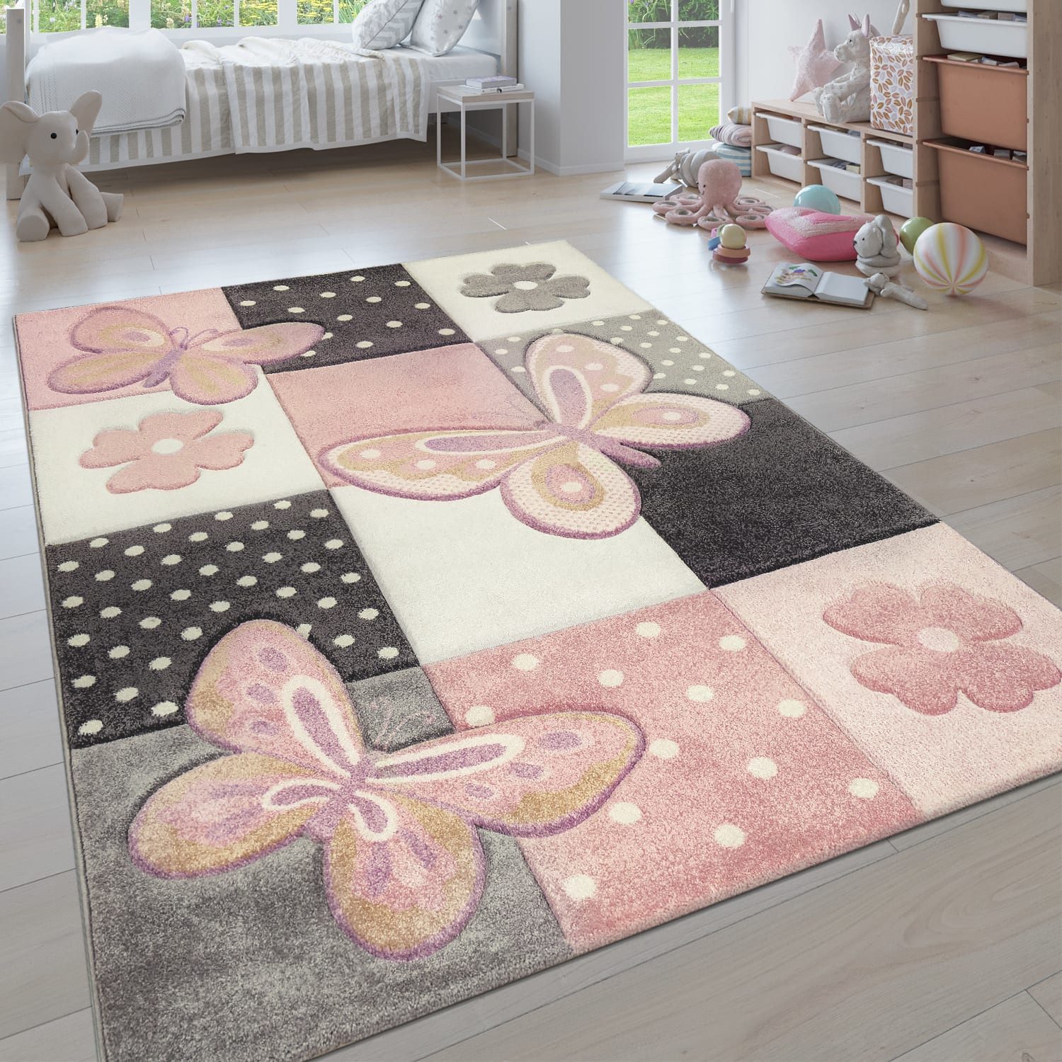 KADIMA DESIGN Kinderteppich Schmetterlinge-Patchwork Kinderzimmer schmutzabweisend Teppich Kinder, Läufer, Höhe: 16 mm, Florhöhe: 12 mm, 100% Polypropylen, Rechteckig, 80x150cm, Mehrfarbig