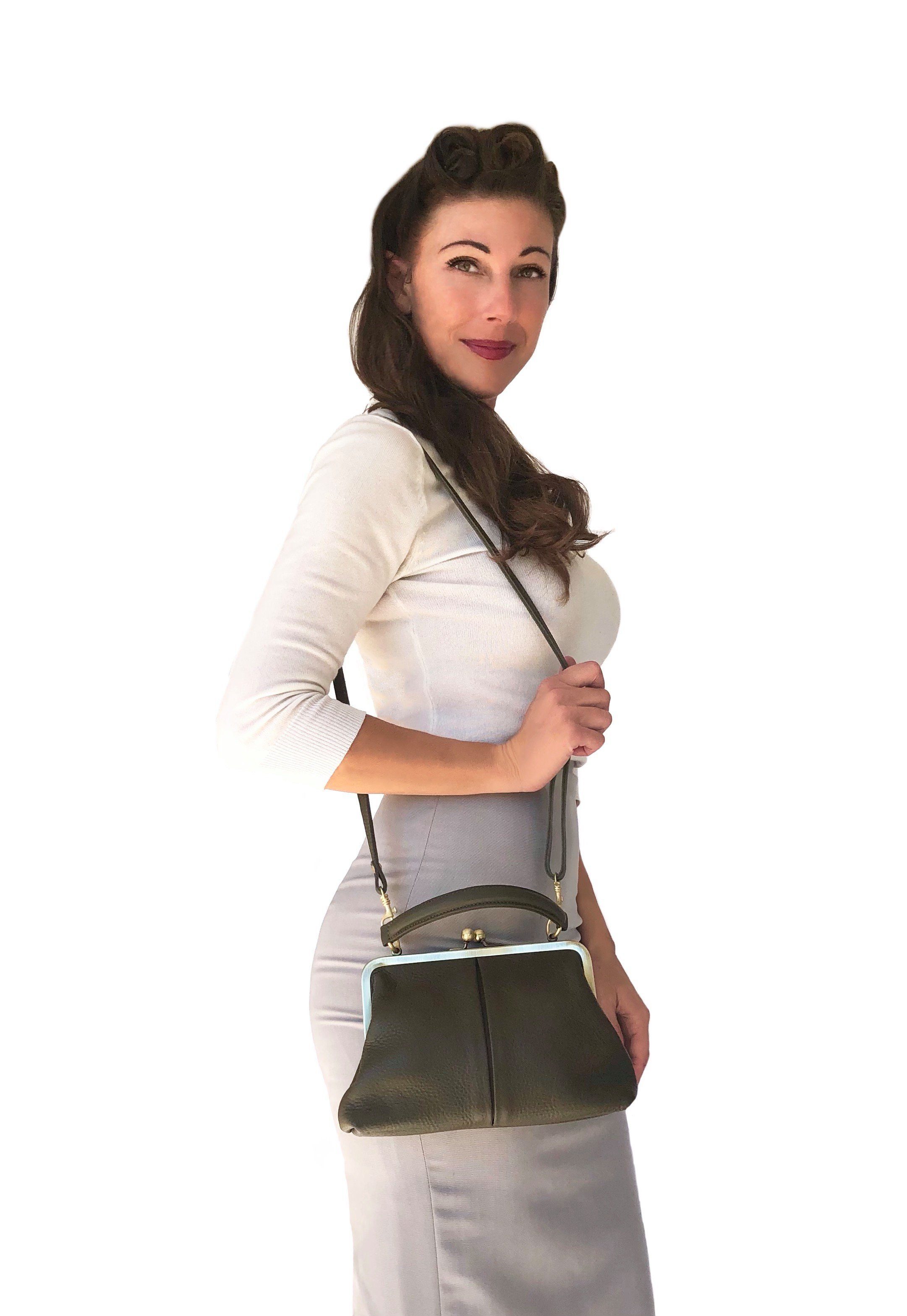 Taschenkinder Handtasche Damen Handtasche Leder "Kleine Olive", Umhängetasche, Vintage Stil., Echtleder Tasche mit Bügelverschluss