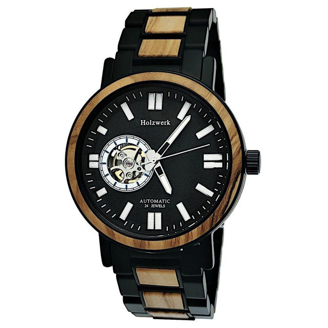 schwarz, Herren Uhr Armband Edelstahl Automatikuhr & beige, Holz weiß Holzwerk DORNBURG in