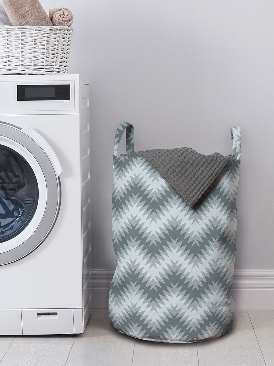 Abakuhaus grau mit Waschsalons, Verschwommen Auszugs-Wellen Chevron Wäschekorb Kordelzugverschluss Griffen für Wäschesäckchen