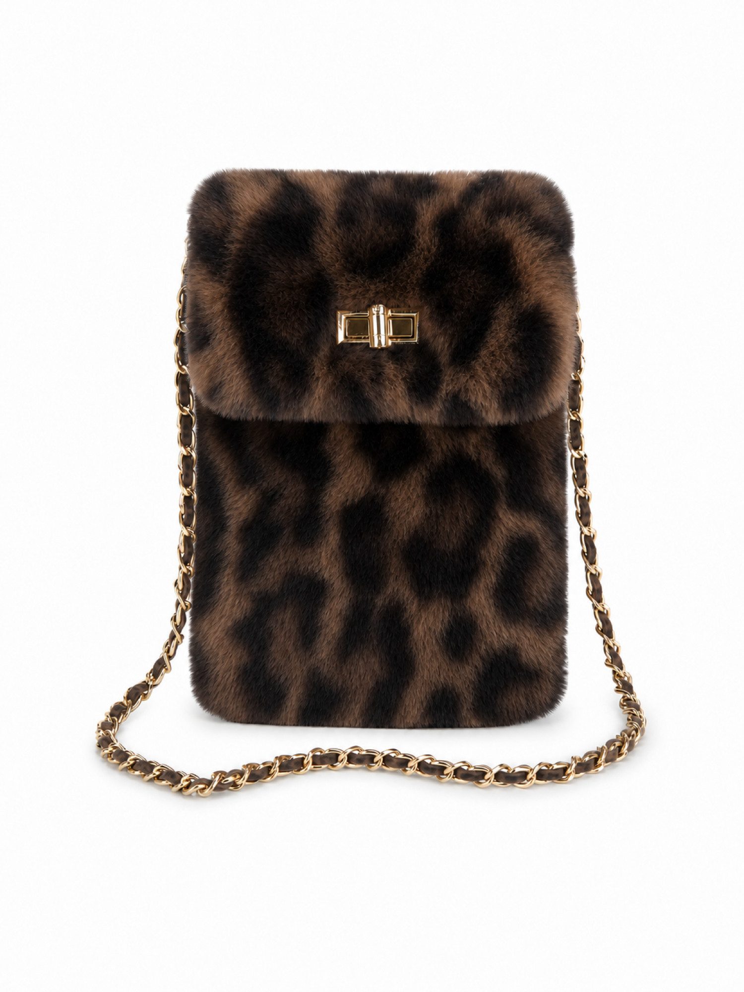 BRISE TASCHE Umhängetasche Mini Umhängetasche aus Kunstfell mit Kettenriemen, weiches Kunstfell, goldfarbener Kettenriemen, Drehverschluss