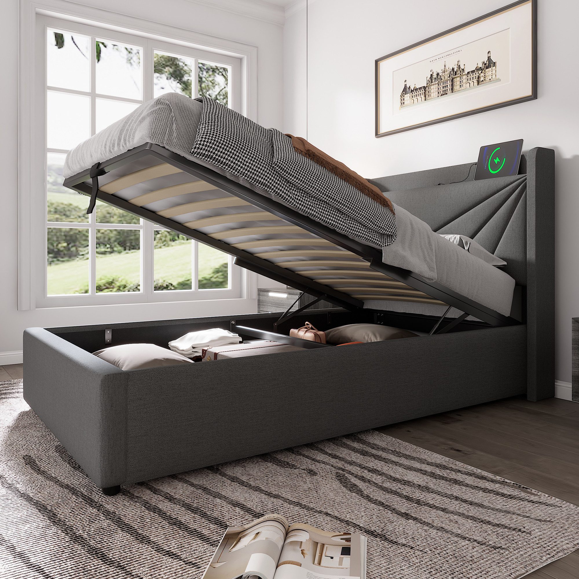 Flieks Polsterbett, Massivholz Stauraumbett mit USB/Typ-C günstig online kaufen