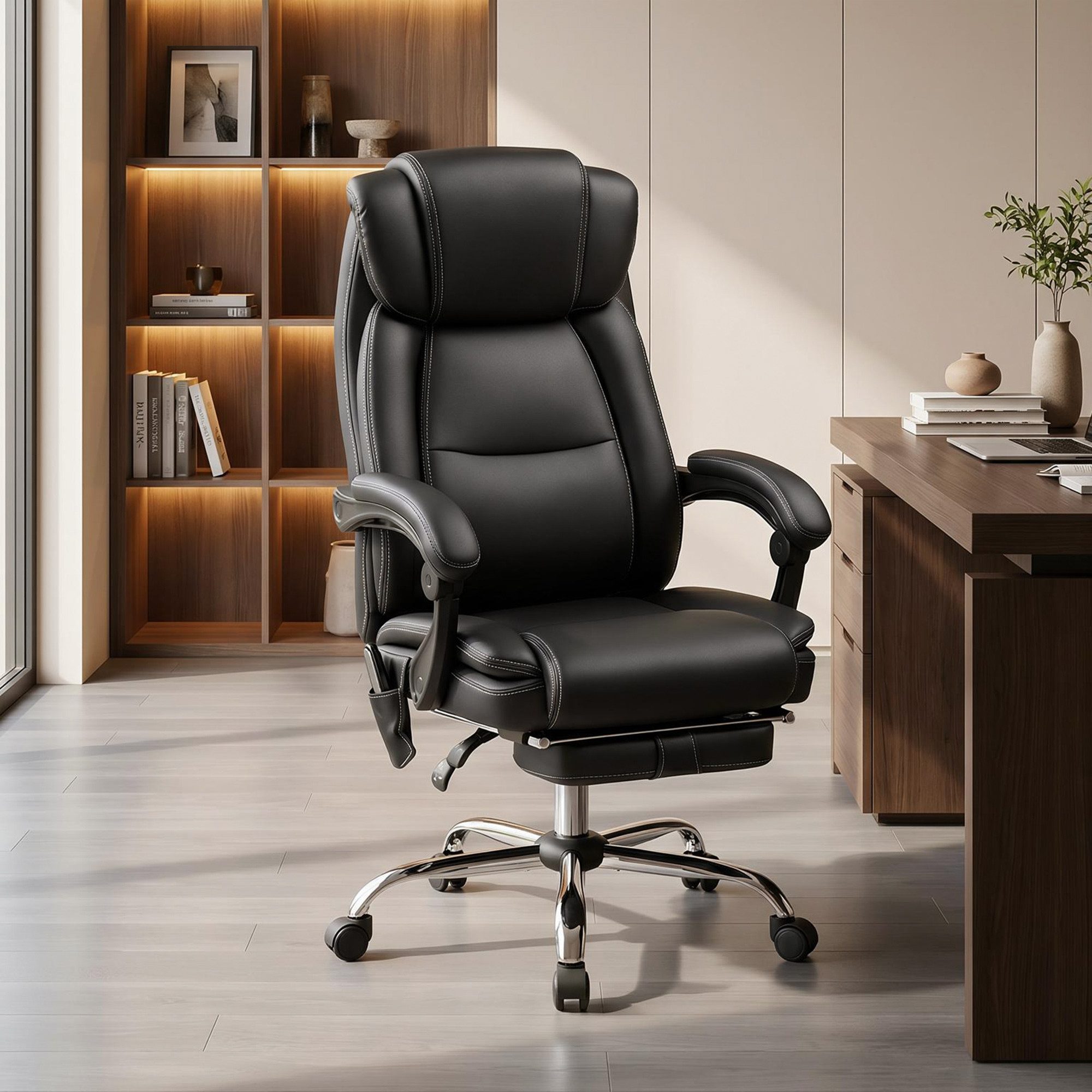 HOMCOM Schreibtischstuhl Bürostuhl Ergonomisch mit Timer, Fernbedienung und Seitentasche (Chefsessel, 1 St), 6-Punkt-Massage, Fußstütze, Heizfunktion