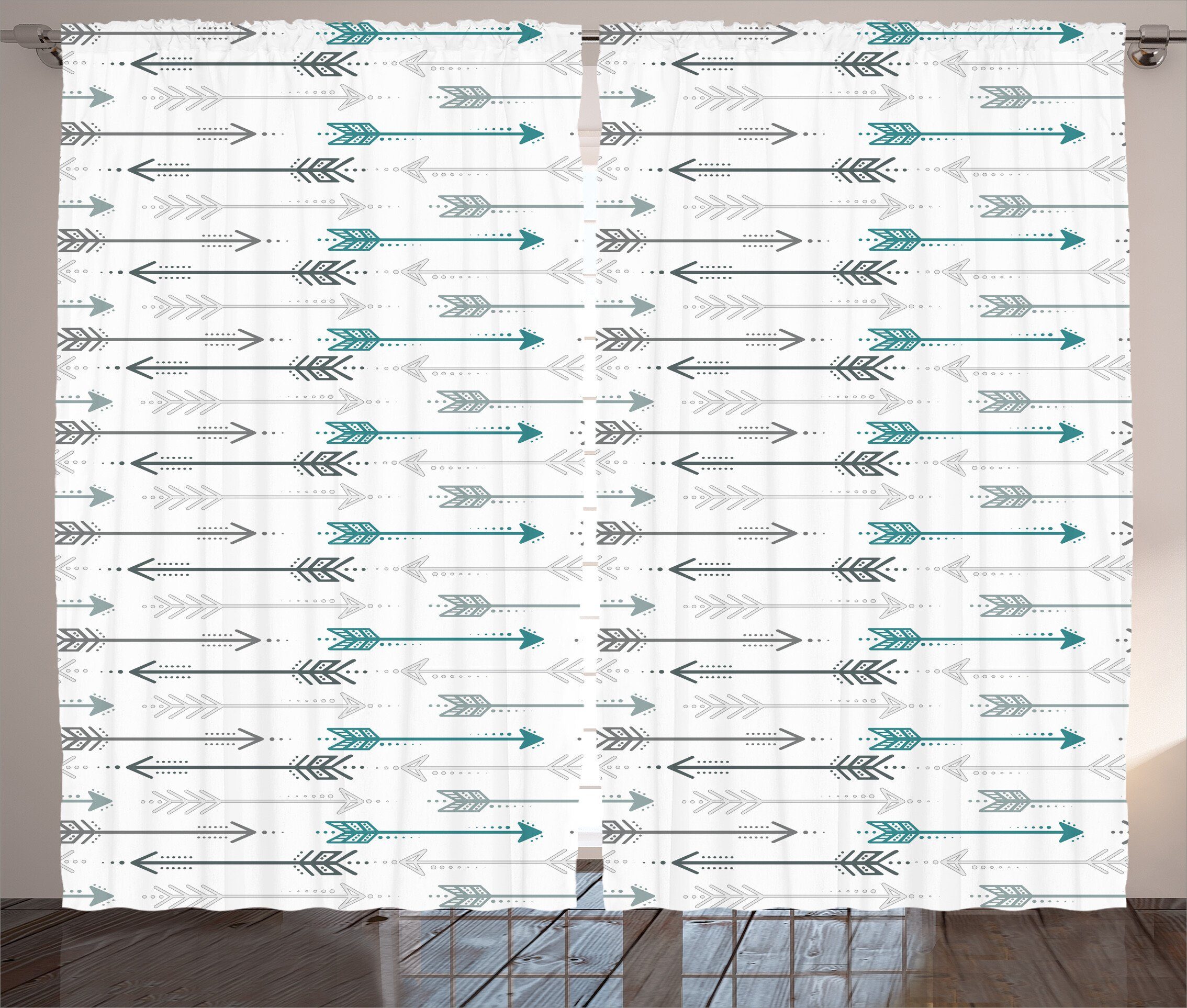 Gardine Schlafzimmer Kräuselband Vorhang mit Schlaufen und Haken, Abakuhaus, Retro Pfeil-Muster Horizontal