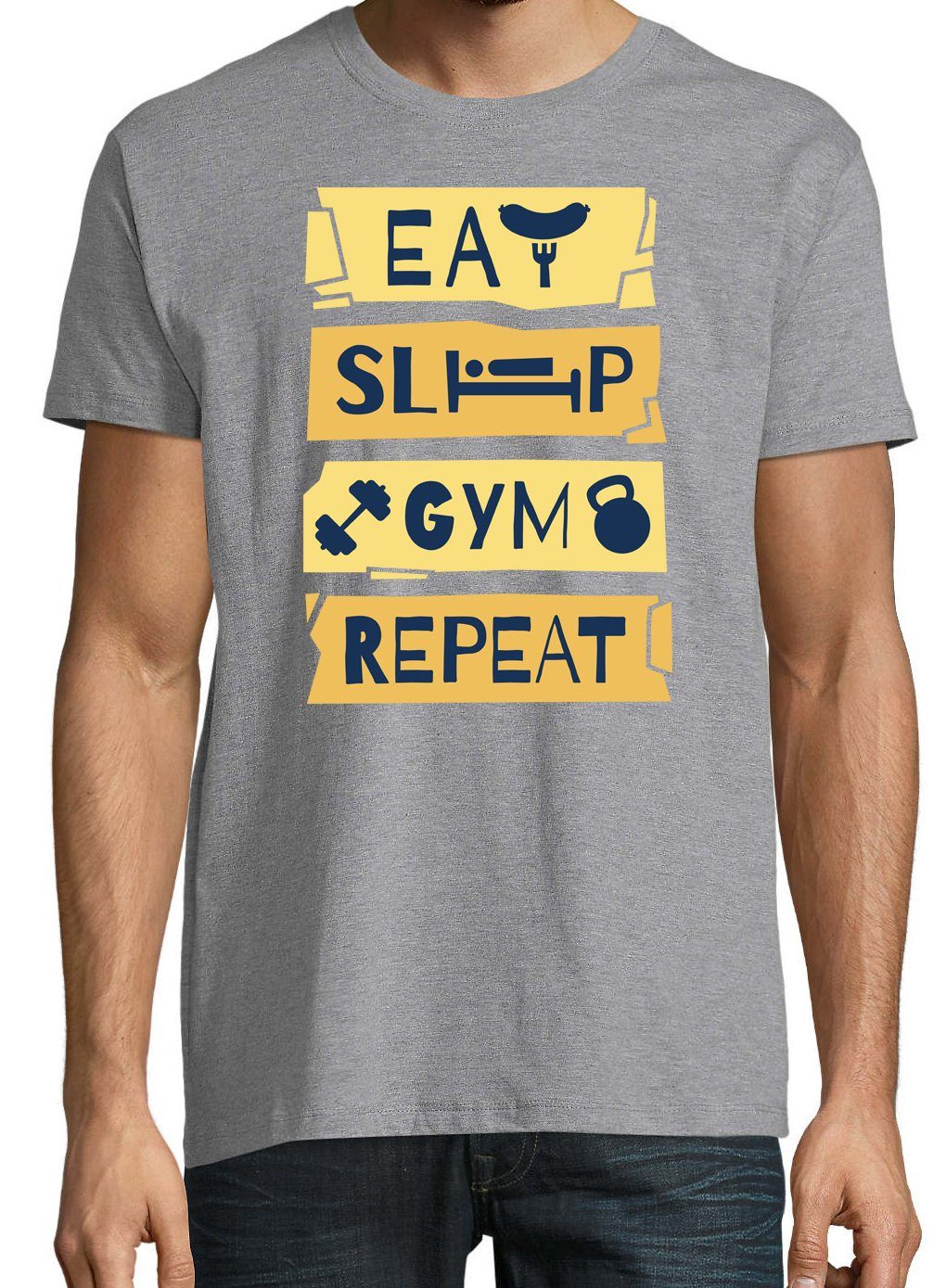 Herren Youth Gym Shirt Fun-Look Grau Repeat Sleep Designz T-Shirt im Eat