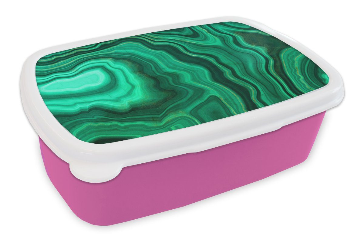 MuchoWow Lunchbox Geode - Grün - Achat - Steine, Kunststoff, (2-tlg), Brotbox für Erwachsene, Brotdose Kinder, Snackbox, Mädchen, Kunststoff rosa