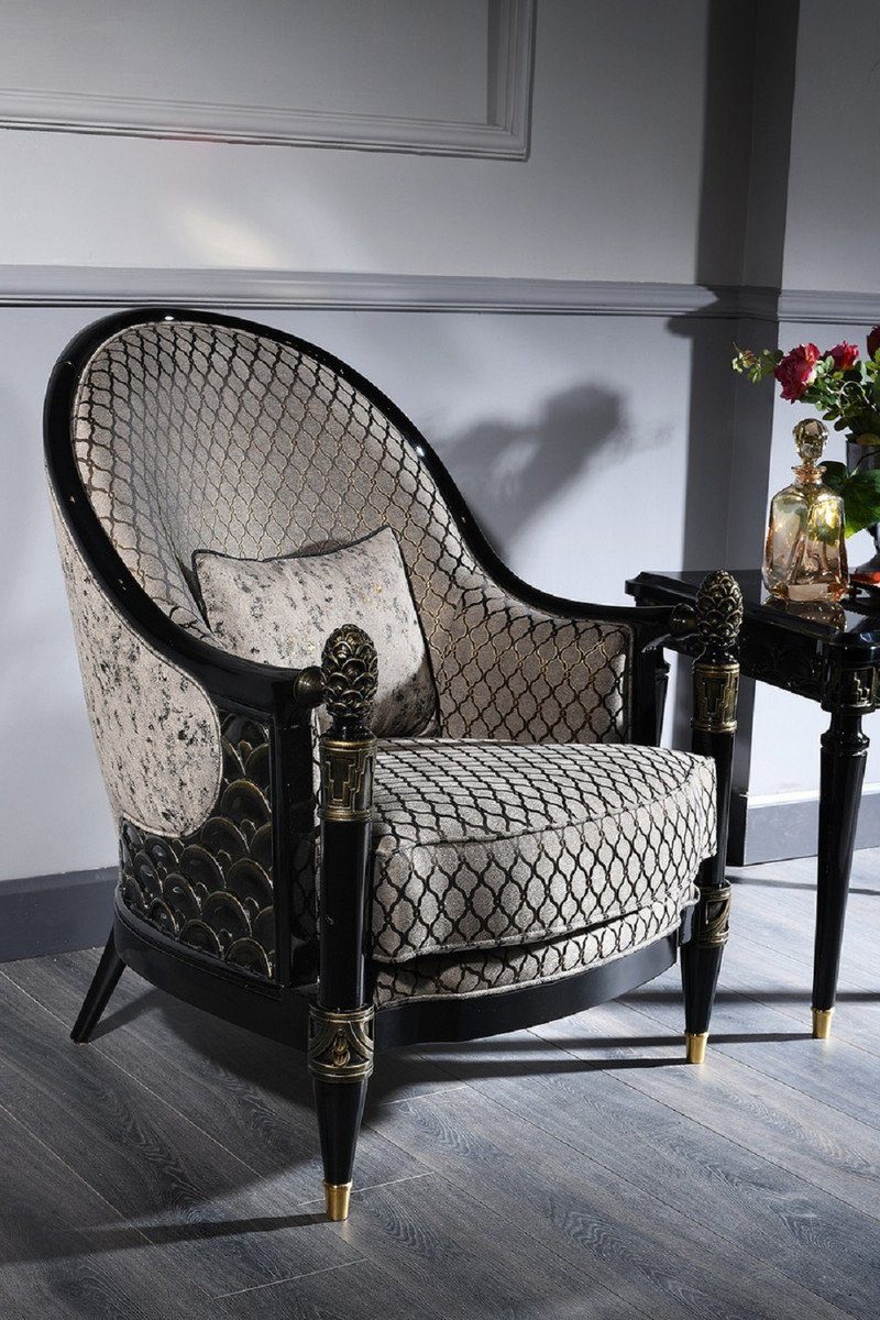 / Silbergrau & Barock 2 2 2 Gold Casa Couchtisch Prunkvolle Qualität - - Couchtisch Schwarz Barock Beistelltische Möbel Luxus Luxus & & Sessel Padrino - Set 1 Sofas /