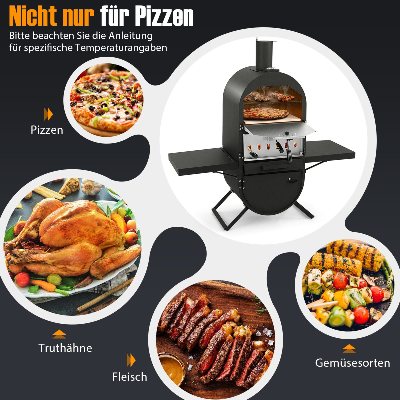 COSTWAY Pizzaofen, Outdoor Holzofen mit Grillrost, bis zu 400℃