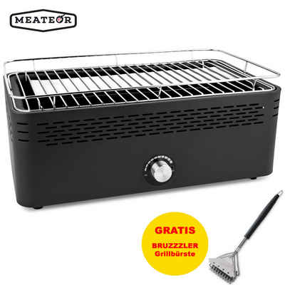 Meateor Holzkohlegrill Tischgrill Campinggrill Holzkohle mit Aktivbelüftung, raucharm, Balkon, Terrasse, Camping inkl. BRUZZZLER-Grillbürste, Grillfläche B44xT25cm