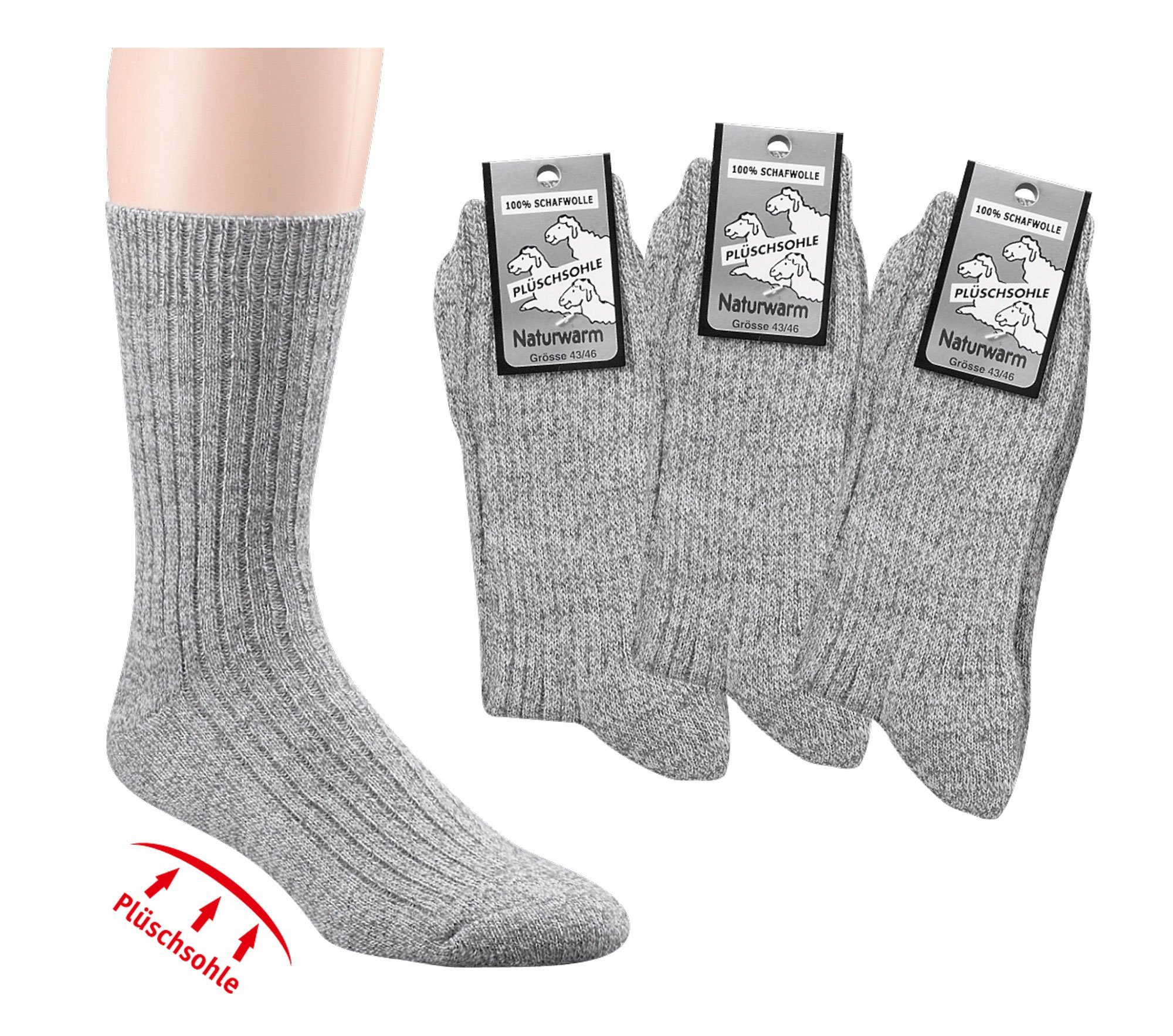FussFreunde Norwegersocken 3 Paar Wollsocken 100% Wolle ohne Gummidruck Damen Herren (3 Paar) mit Plüschsohle