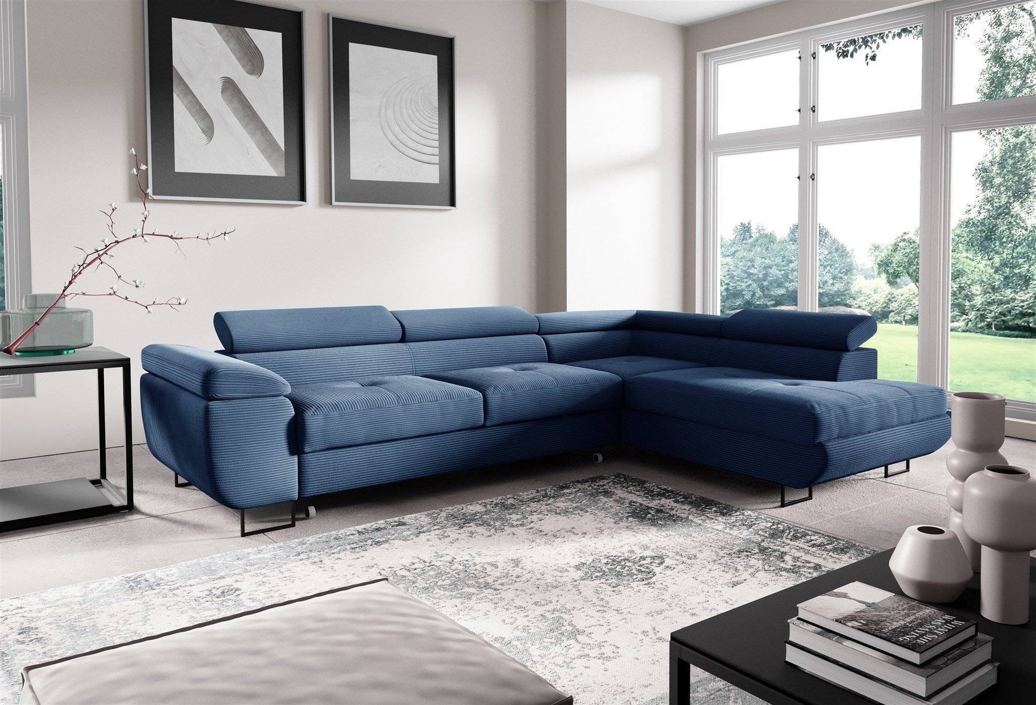 Fun Möbel Ecksofa Sofa mit Schlaffunktion DECLAN Stoff Poso, Rundumbezug, 3 x Kopfteil abklappbar