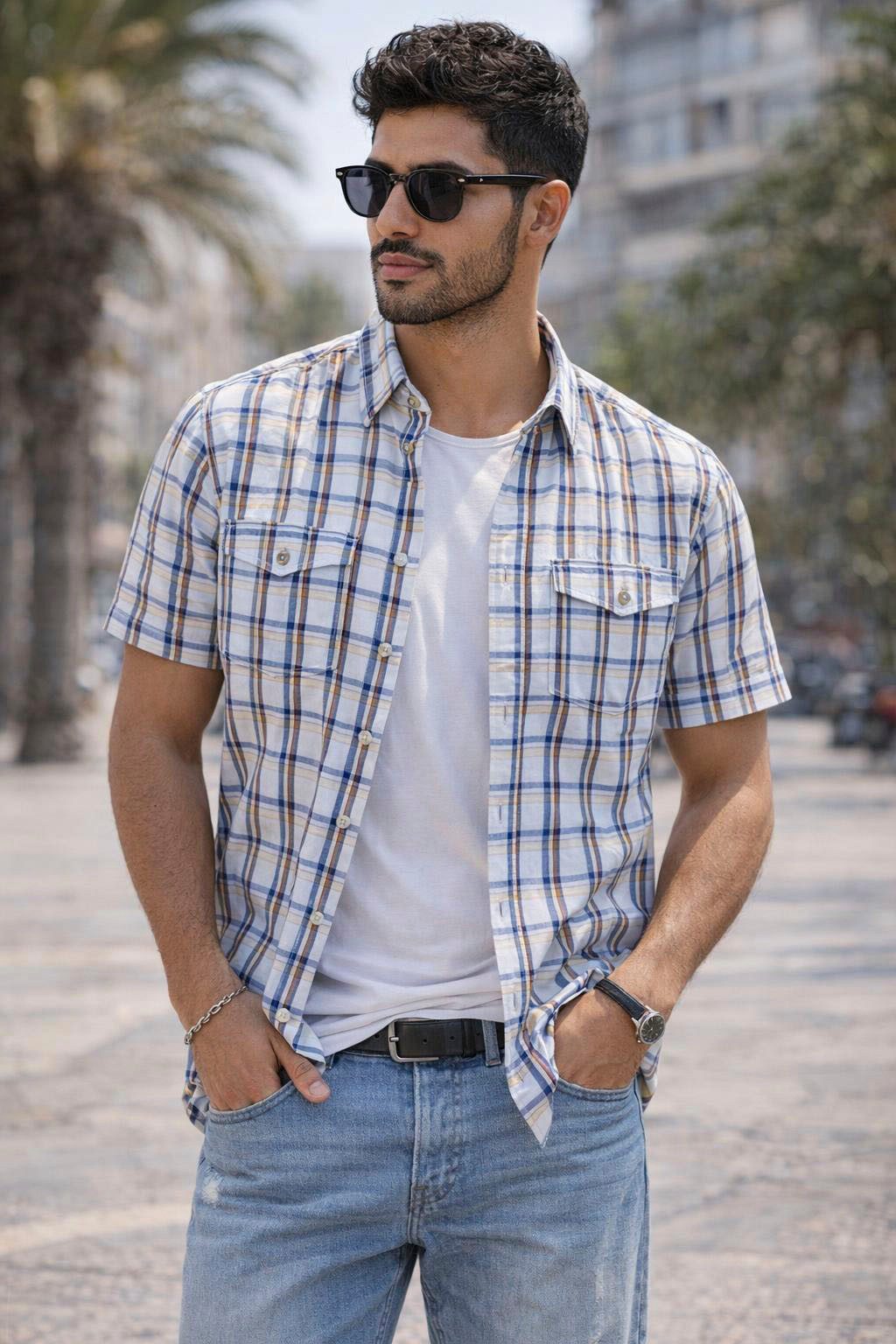 Man's World Karohemd Kurzarm, für Casualmode, Basic, Frühling und Sommer, aus Baumwolle