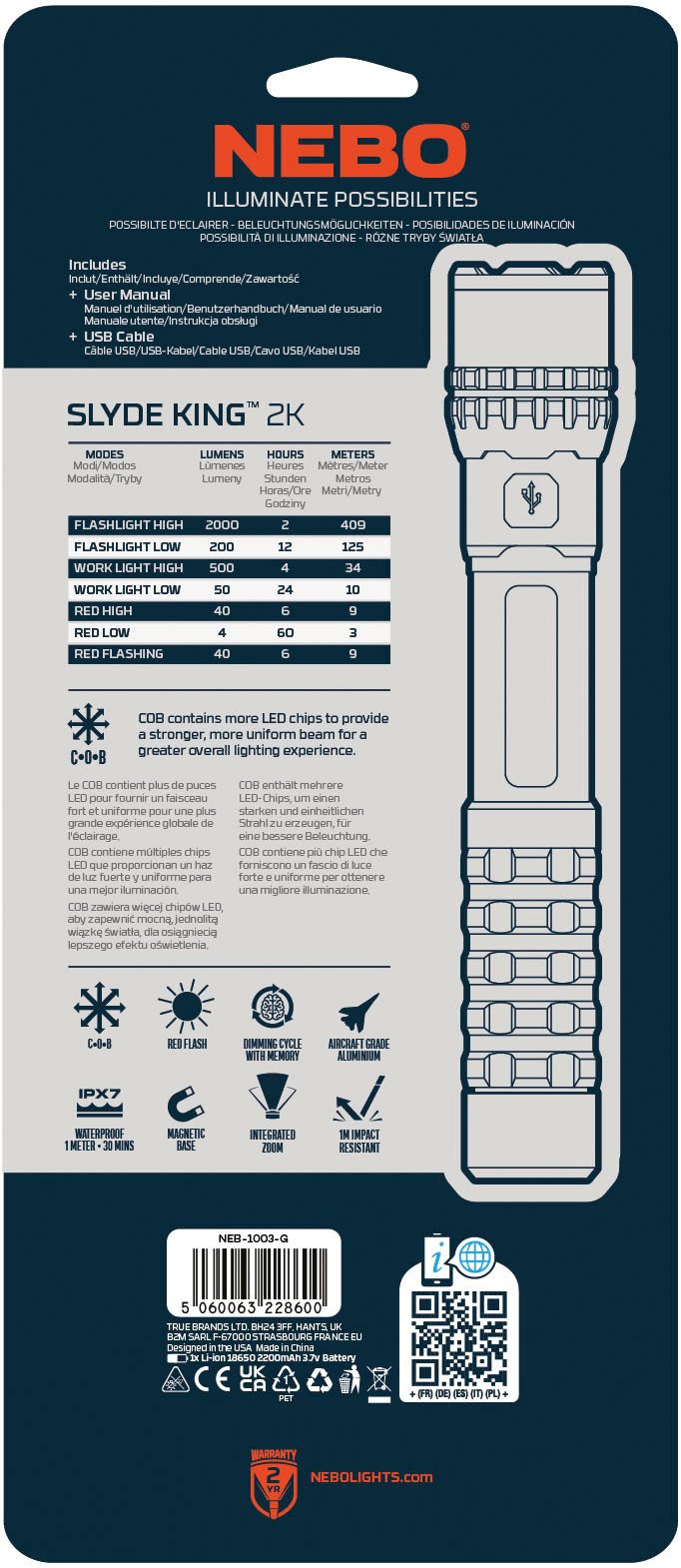 NEBO LED Taschenlampe Nebo SLYDE KING 2K (Set, 2-St., Taschenlampe inkl. Ladekabel), 2.000-Lumen-Lampe-4-fach-Zoom sowie 500-Lumen-C•O•B-Arbeitsleuchte