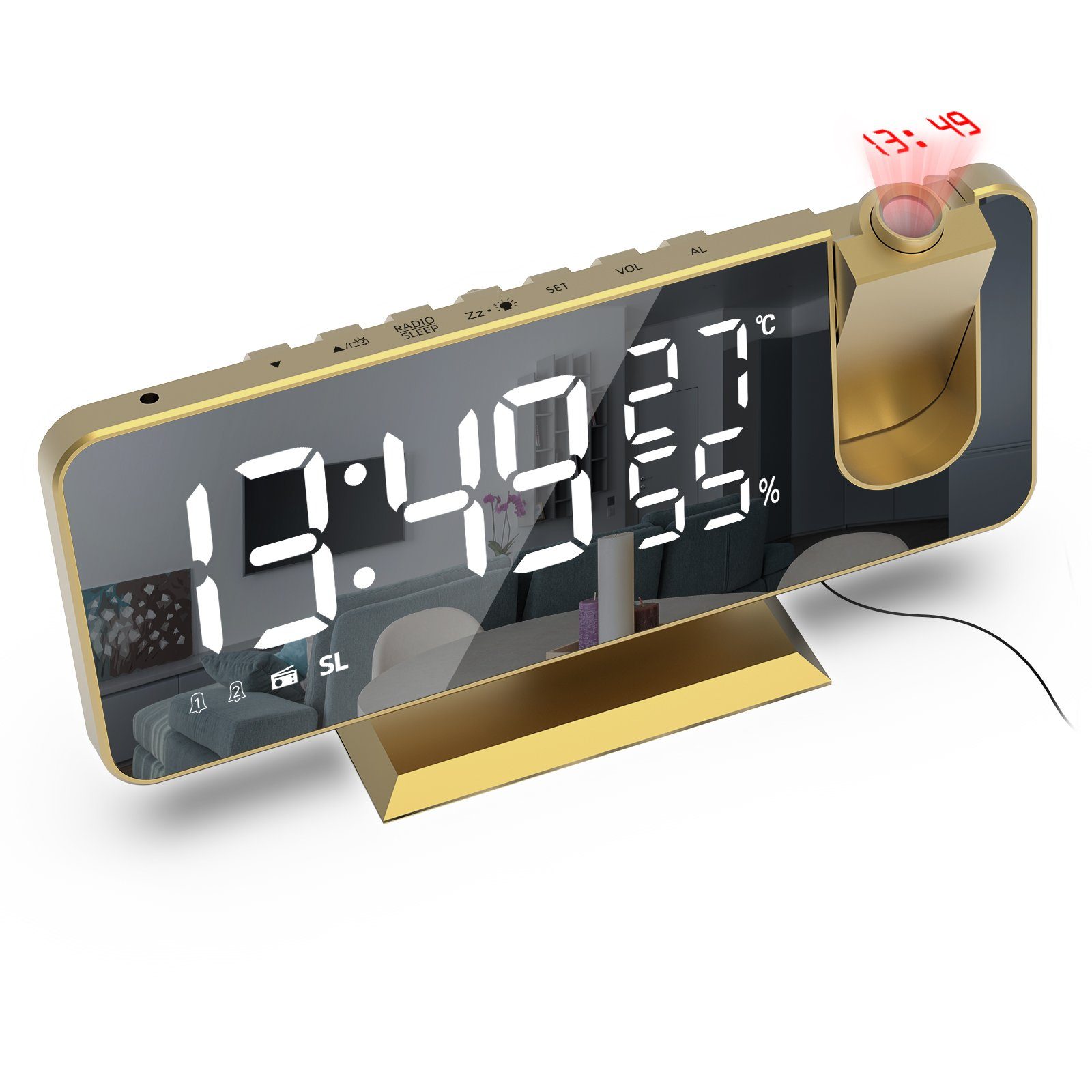 LED Schale Projektion Ziffer Radiowecker Wecker Projektionswecker Projektion Digital REDOM Alarm 180 ° Weiß Farbe Dual-Alarm Radio ohne Temperatur Digitalwecker 12/24H USB-Anschluss Akku Gold