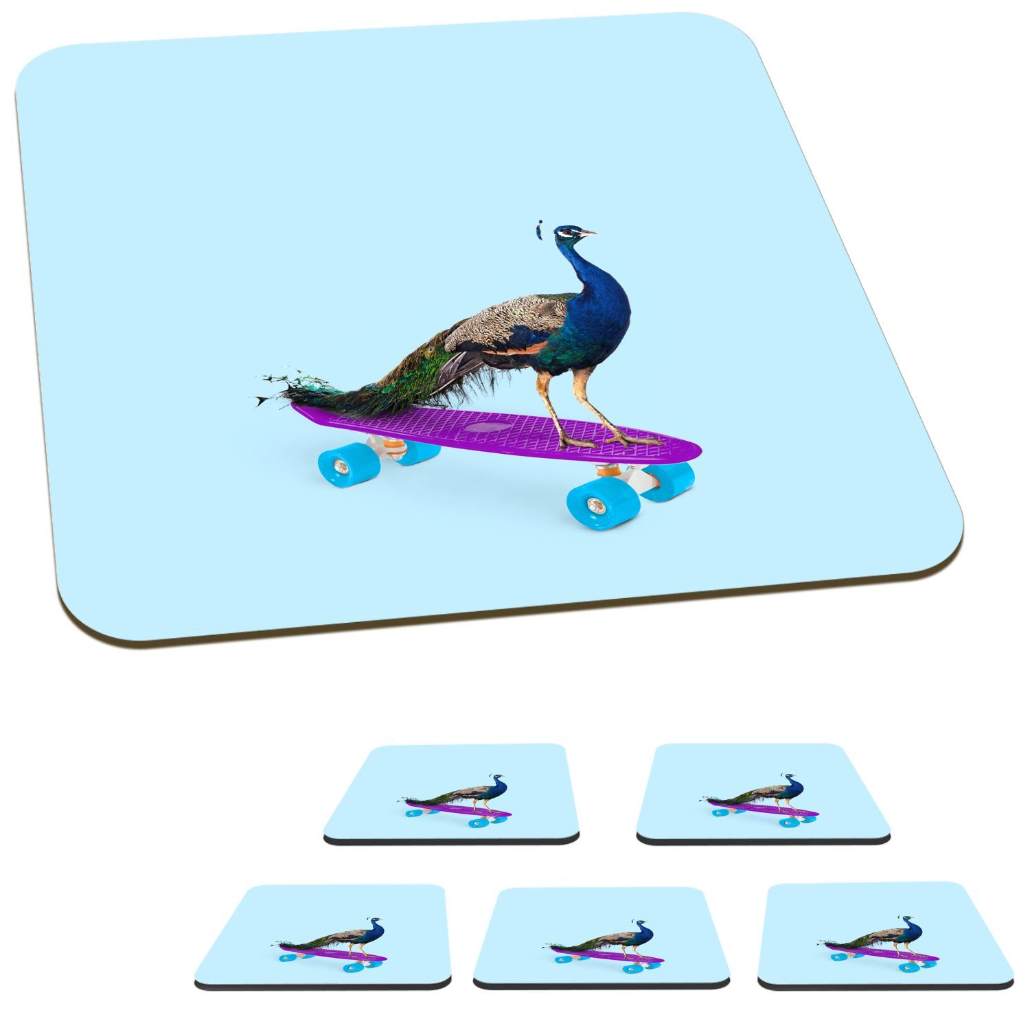 Tasse Tiere Skateboard - 6-tlg., - Korkuntersetzer, Pfau Zubehör Lustig, - MuchoWow für Glasuntersetzer Blau - Glasuntersetzer, Tischuntersetzer, Gläser, Untersetzer,