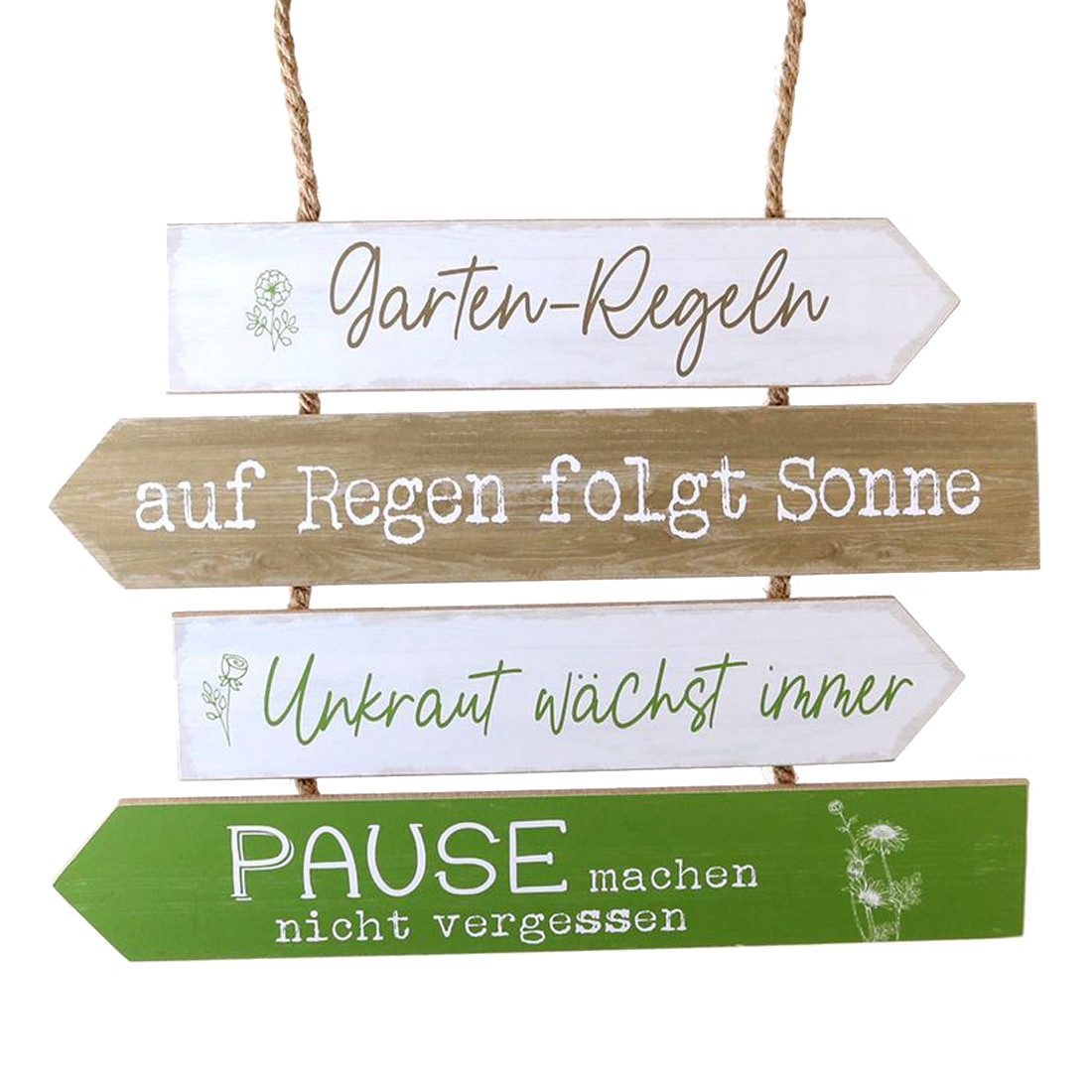 LB H&F Lilienburg Metallschild Holzschild Gartenregeln / 4 Sprüchen Schild Garten Regen folgt Sonne, (garten regeln spruch lustig geschenk gartendeko poster bild blechschild dekoschild regen pusteblume sonnenblume, gartenschild geburtstag sprüche kräuter pflanzen), 4 Sprüche