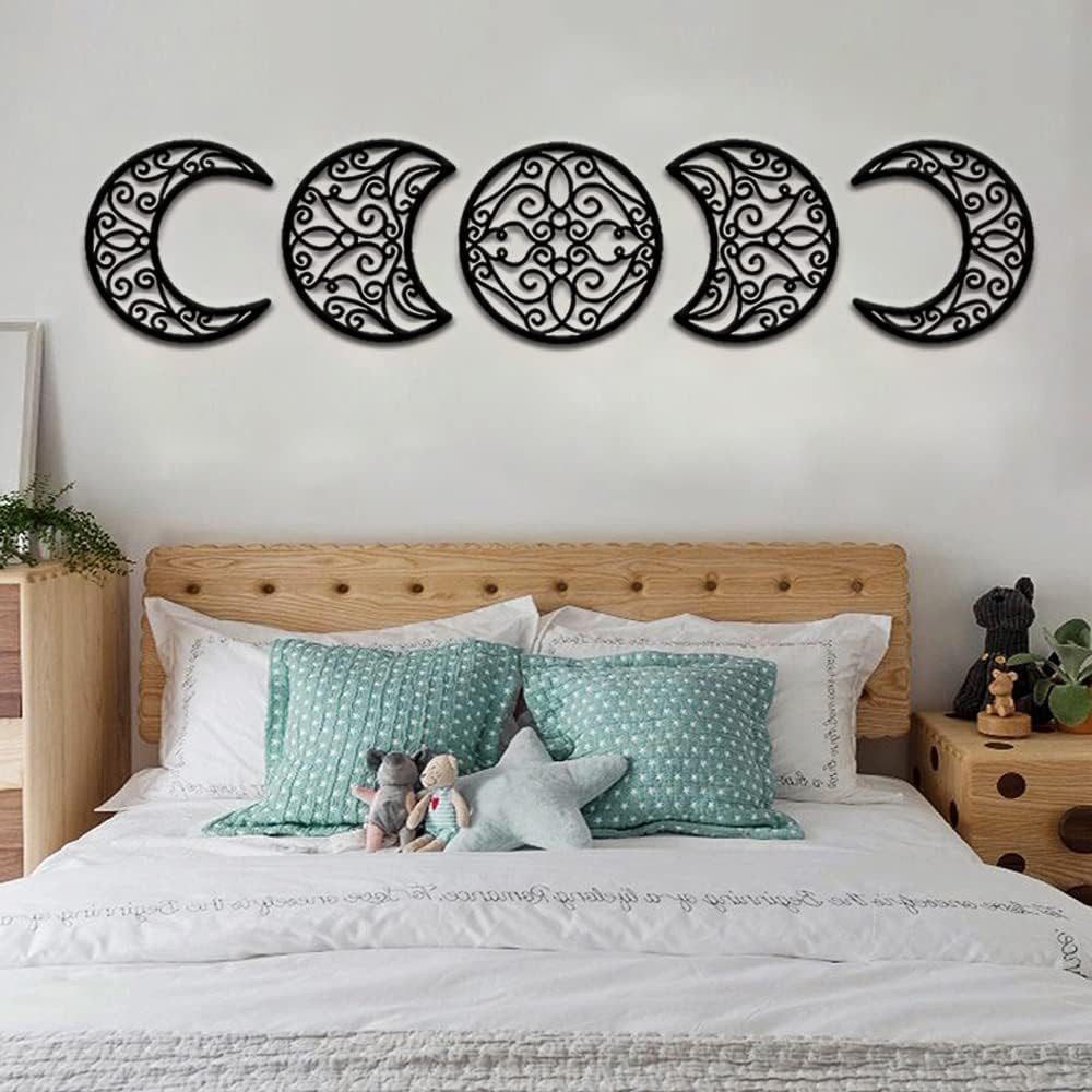 Wiladu Wanddekoobjekt Mond Mondphasen Boho Wand Deko 5 Stück schwarz Aesthetic Dekoration – Bild 5 von 5