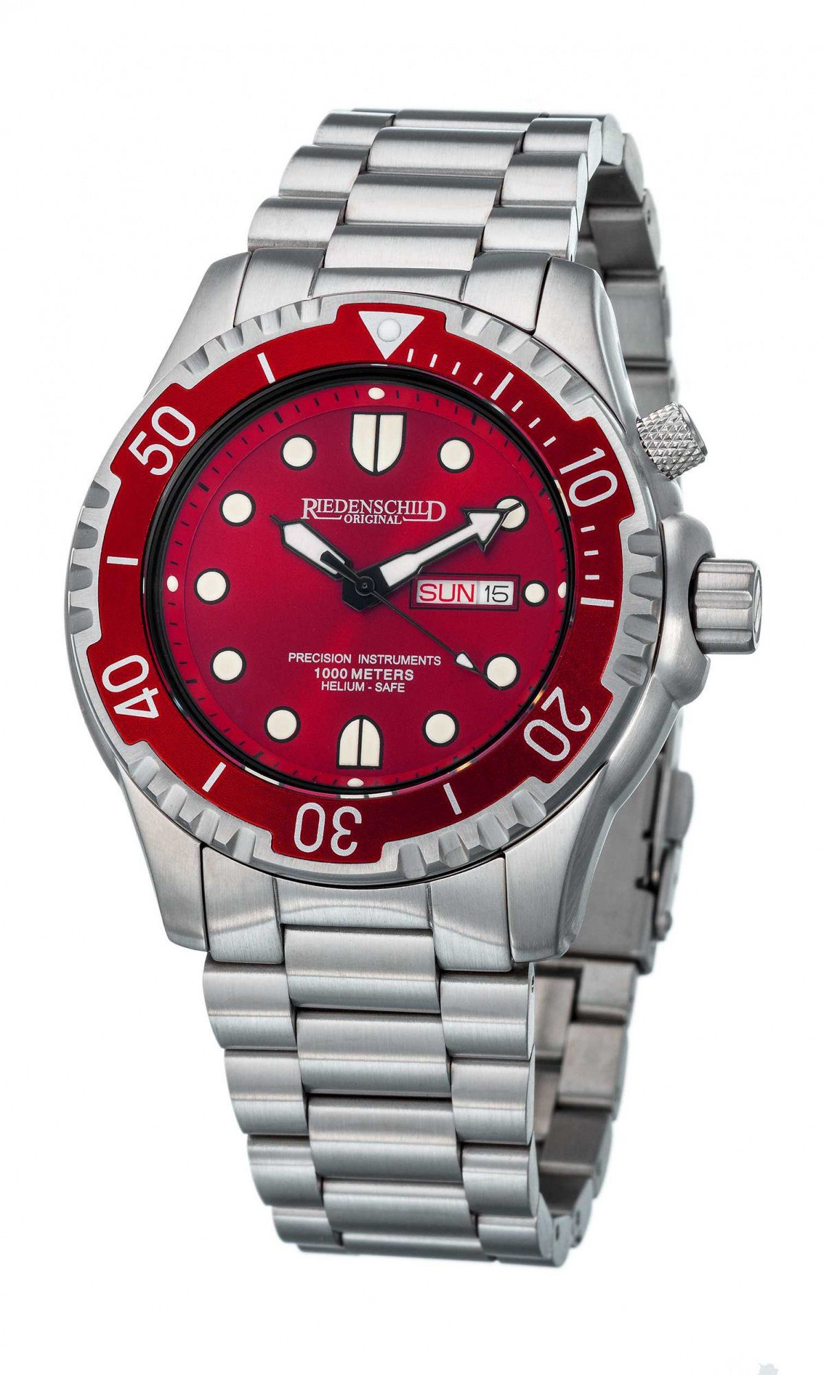 Riedenschild Taucheruhr RS8000-09, Rot, 100 ATM Wasserdicht, 46 mm, Silikon- & Edelstahlband, Heliumventil, Robuste Herren Armbanduhr für Tauchen und Sport