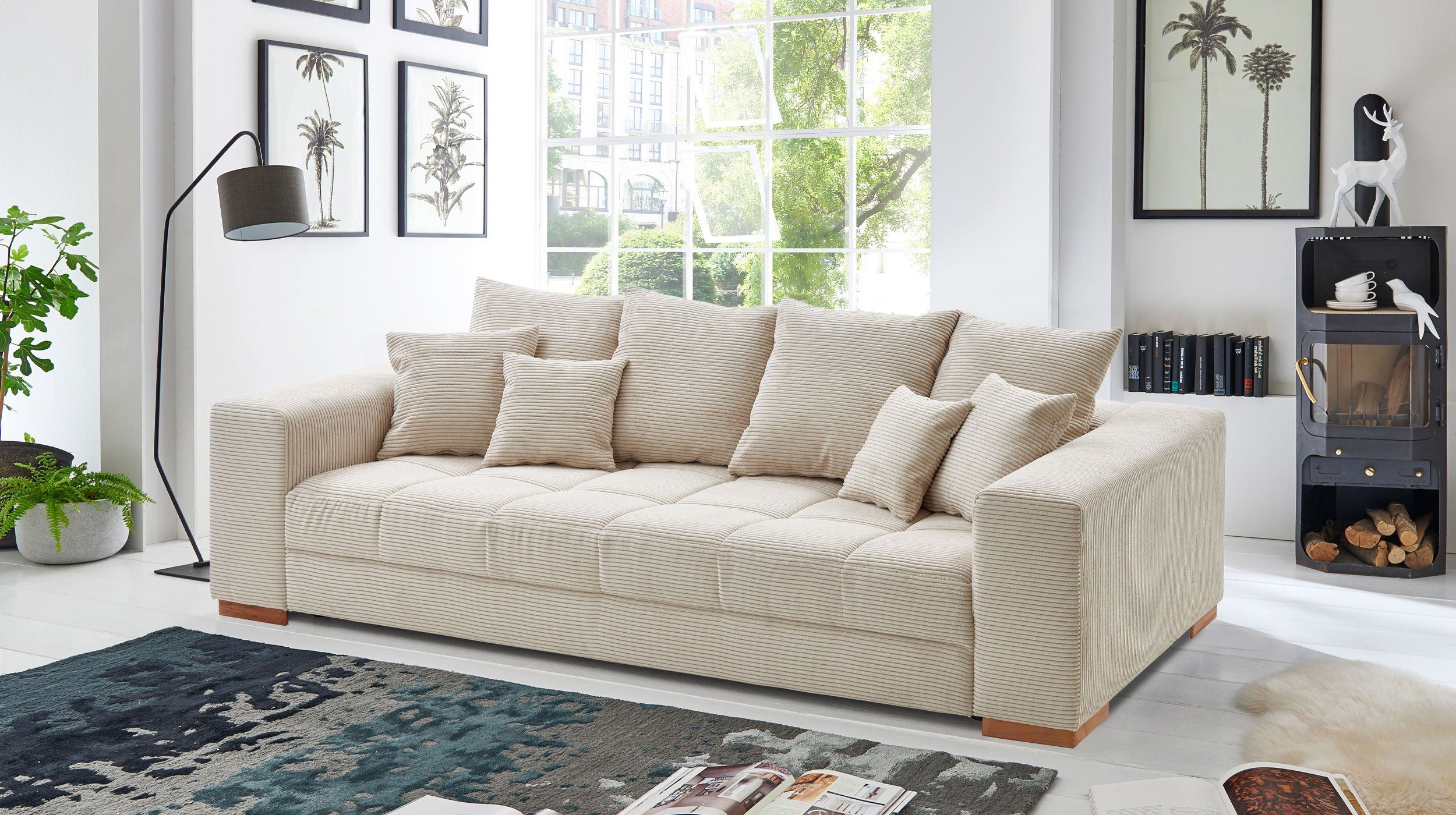 Massivart® Big-Sofa BORNEO beige Cordbezug 254 cm 4-Sitzer, Noasgunterfederung, 4 Rückenkissen, 2 mittlere Kissen und 2 Zierkissen