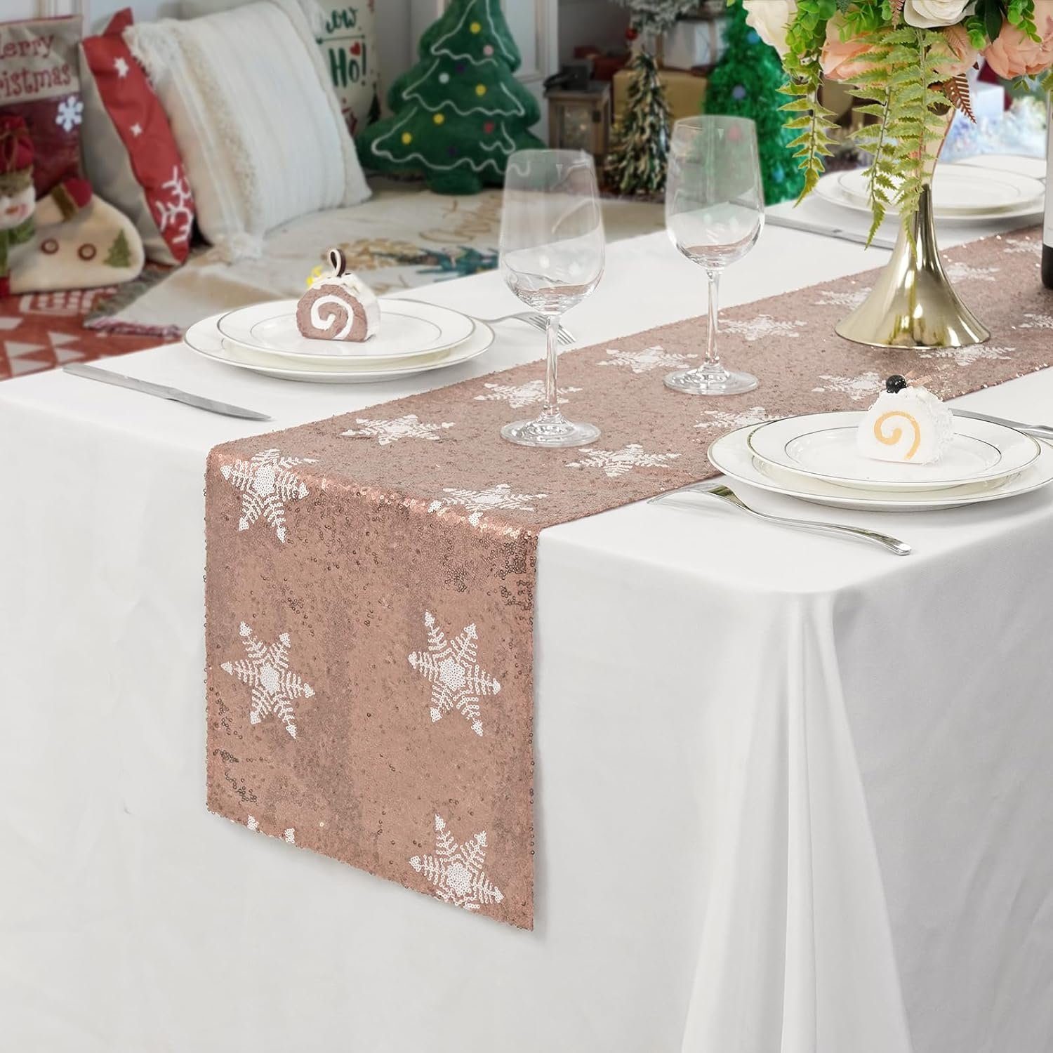 Pailletten FELIXLEO weihnachtlichem Tischläufer 30*275cm Schneeflocken-Muster Tischläufer