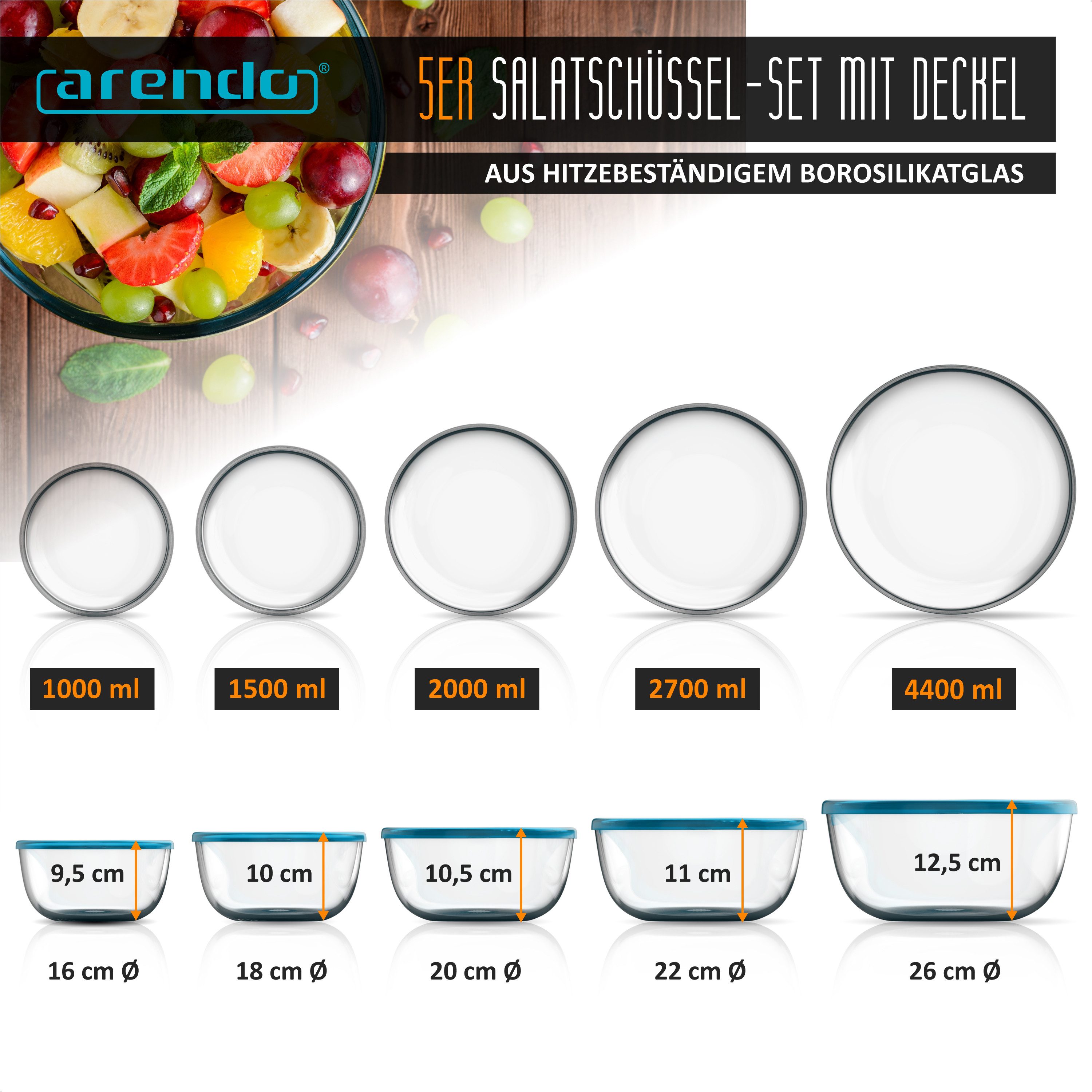 Arendo Salatschüssel 5x Glasschüsseln + Deckel 1L, 1,5L, 2L, 2,7L & 4,4L, Glas Rührschüssel, Glas, (5er Set, 5-tlg), Glasschale, BPA-frei, Spülmaschinen und Mikrowellen geeignet