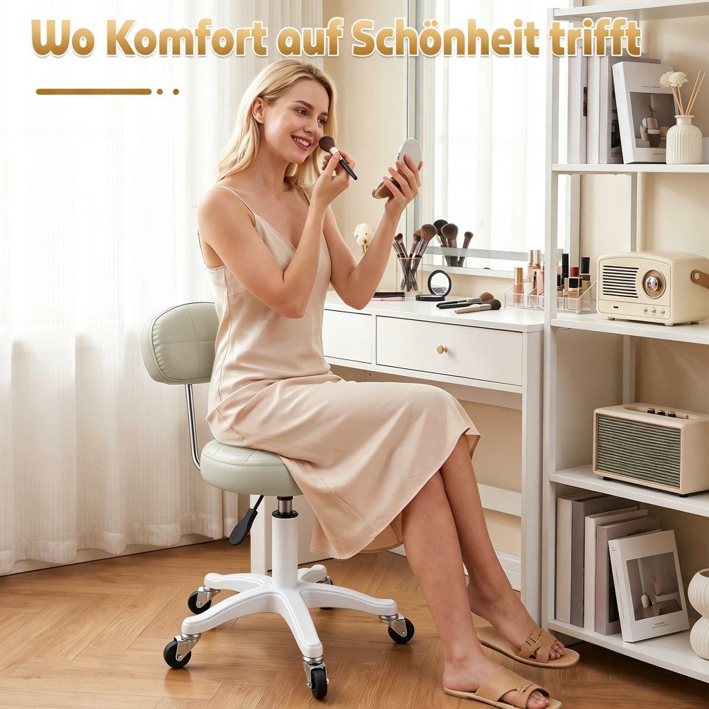 Rutaqian Drehstuhl Schminkstuhl mit Rückenlehne, höhenverstellbarer Drehstuhl mit Rollen, Bequemer Kosmetikstuhl aus Kunstleder für Büro, Schlafzimmer und Salon