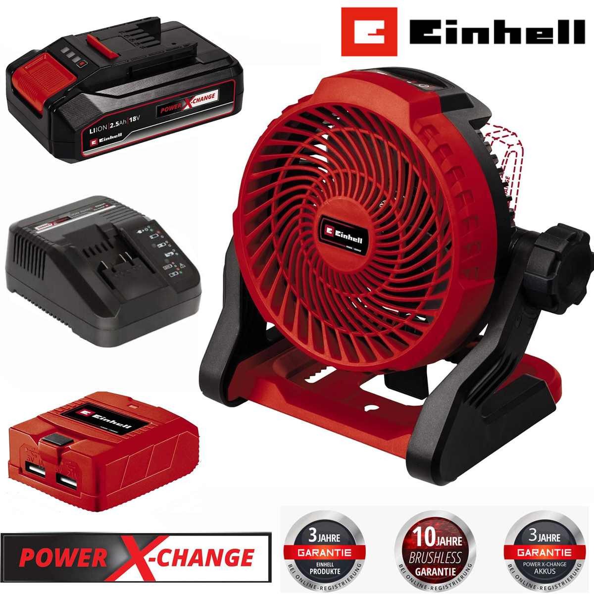 Einhell Tischventilator Akku-Ventilator GE-CF 18/2200 Li- 18V Akku 2.5 Ah,+ USB Adapter