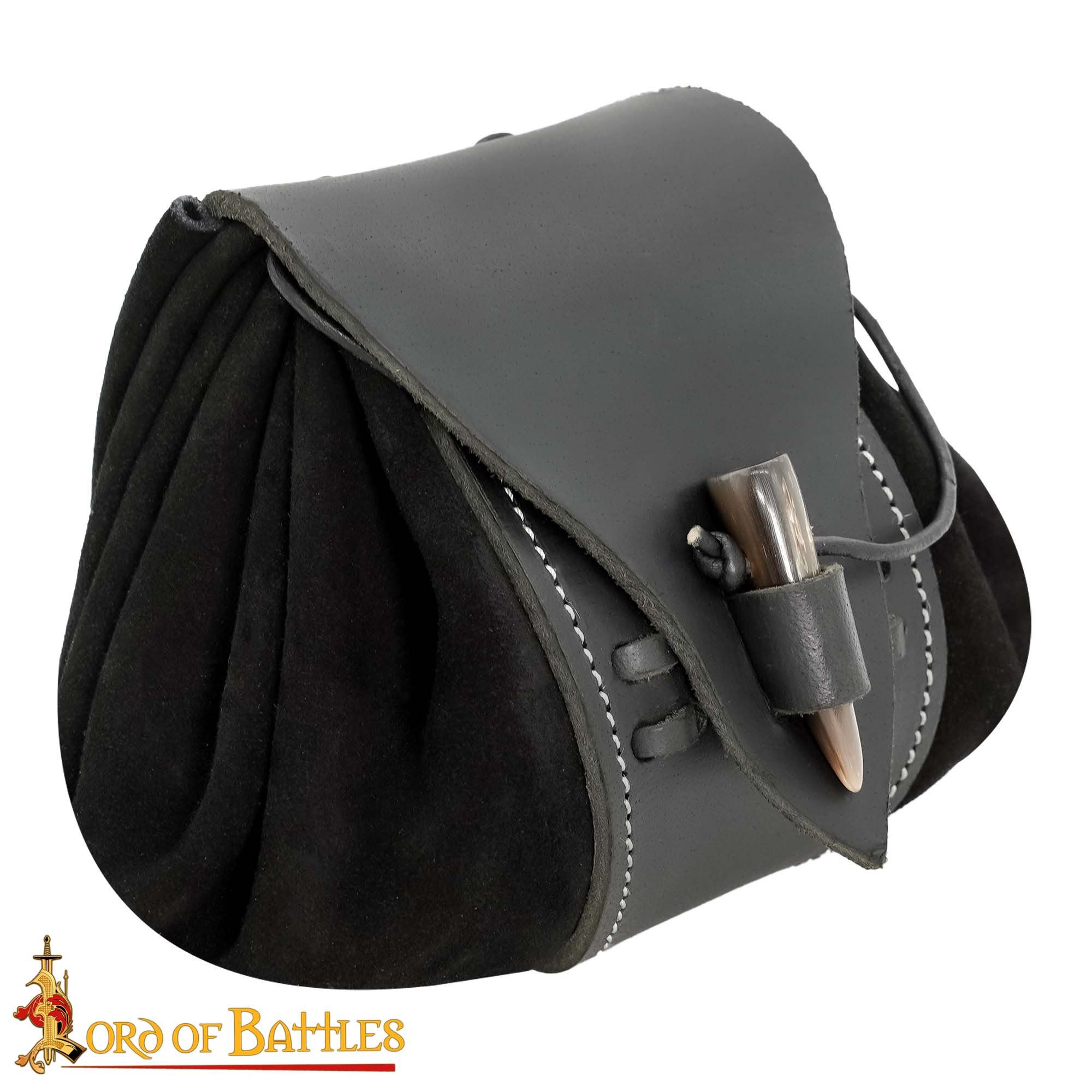 Lord Of Battles Gürteltasche mittelalterliche Ledergürteltasche mit Hornknauf - Schwarz