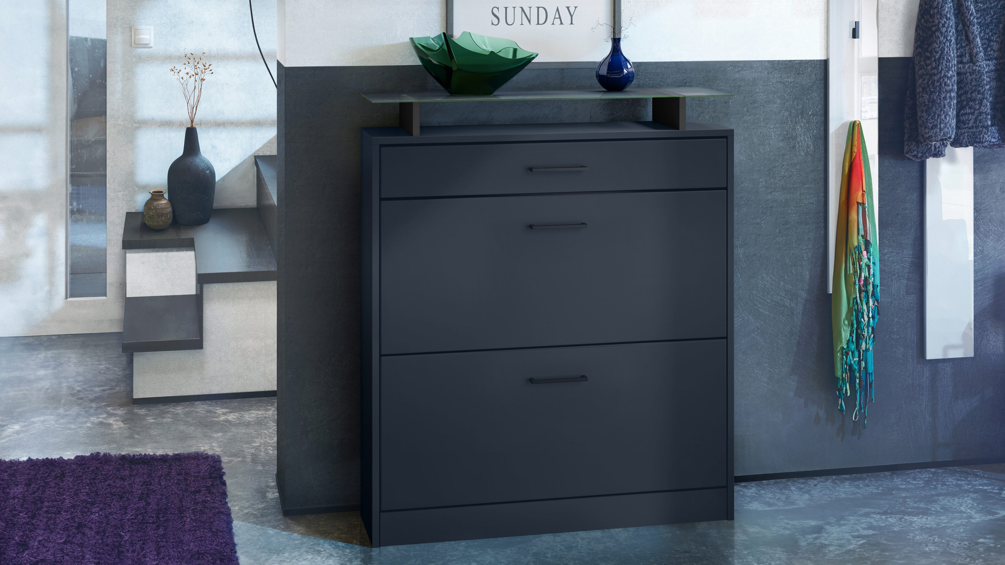Vladon Schuhschrank Enigma (Schuhkipper, für 16 Paar Schuhe mit 2 Klappen und 1 Schublade und Glasablage) Royal Blau (89 x 104 x 23 cm)