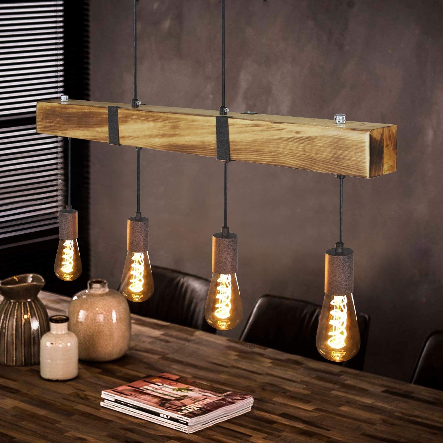 ZMH Pendelleuchte Holz Retro E27 Höhenverstellbar Industrial Esszimmer Küche Wohnzimmer, ohne Leuchtmittel | Pendelleuchten