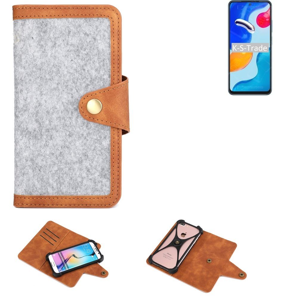 K-S-Trade Handyhülle für Xiaomi Redmi Note 11S Global, Handyhülle Schutzhülle Filz-Hülle Kunst-Leder hellgrau braun
