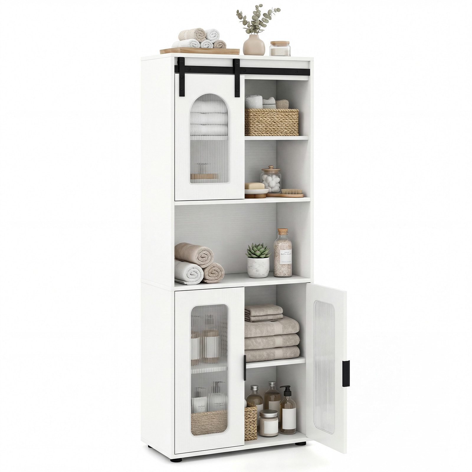 COSTWAY Vorratsschrank Badezimmerschrank mit Schiebetür Hochschrank 60x30x150cm