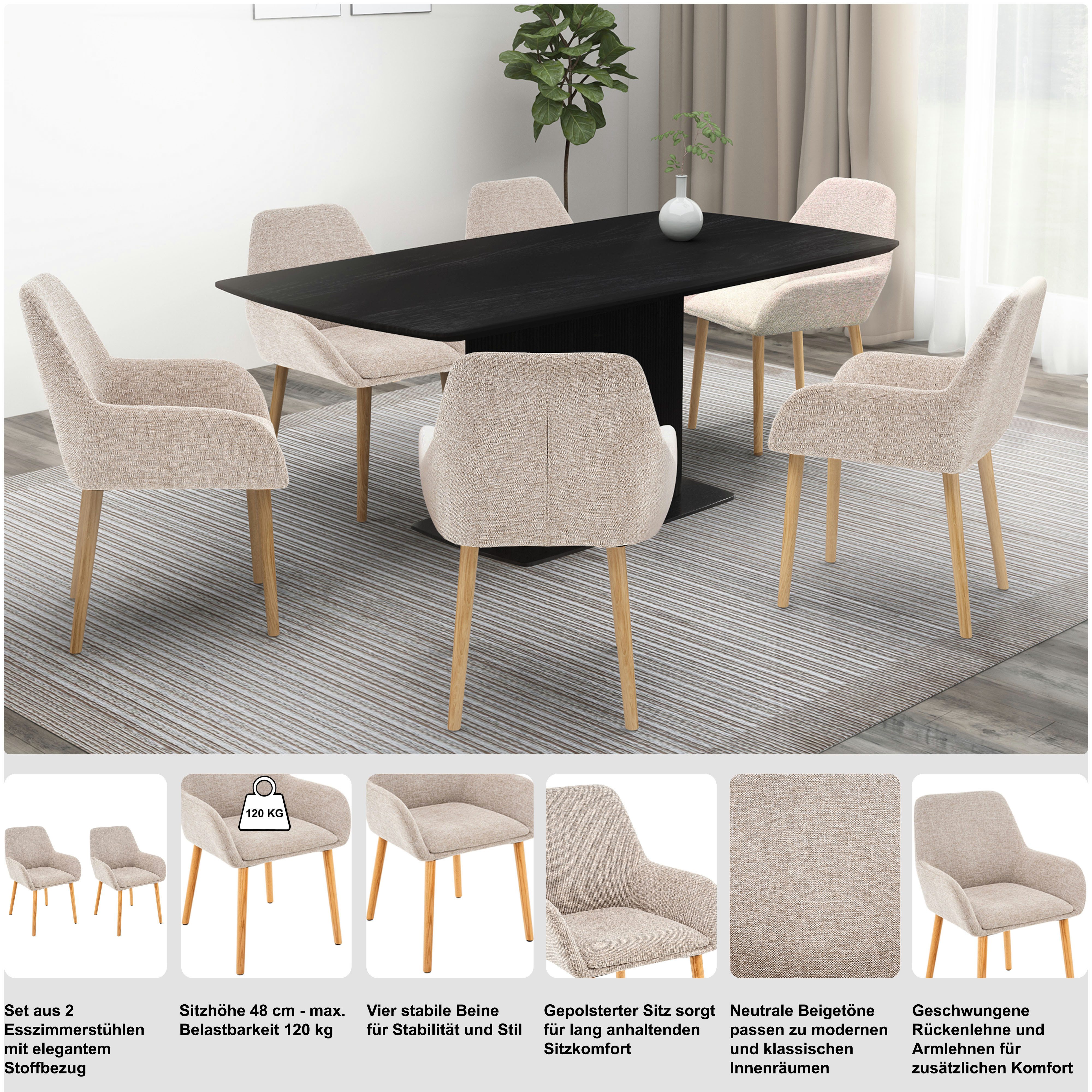 OTTO home Esszimmerstuhl Evinnia (Set, 2 St), massive Eichenholzbeine, pflegegleicher Webstoff, Sitzhöhe 48 cm