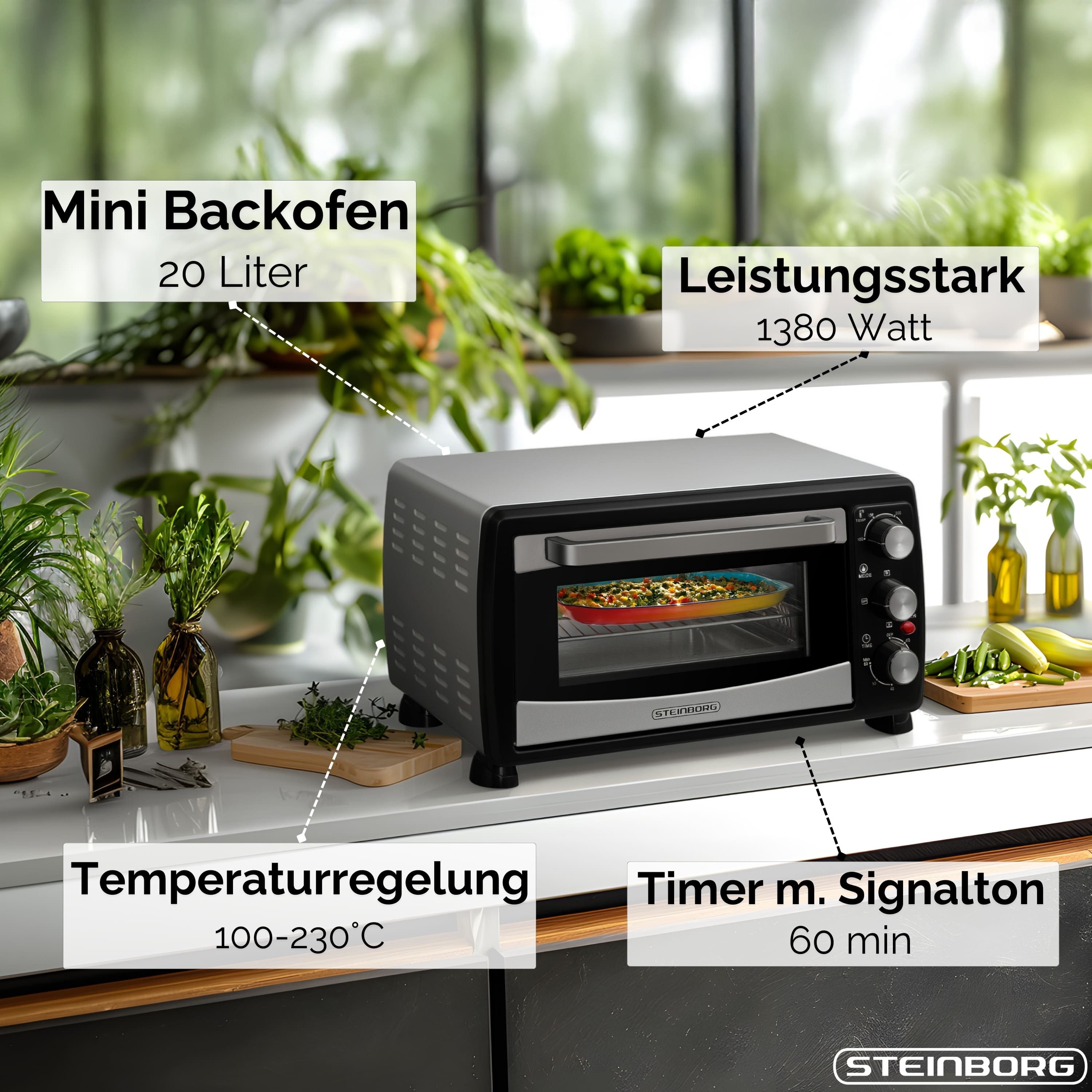 STEINBORG Minibackofen SB-3007, 20 Liter, Umluft, mit Krümelblech, 1380 Watt