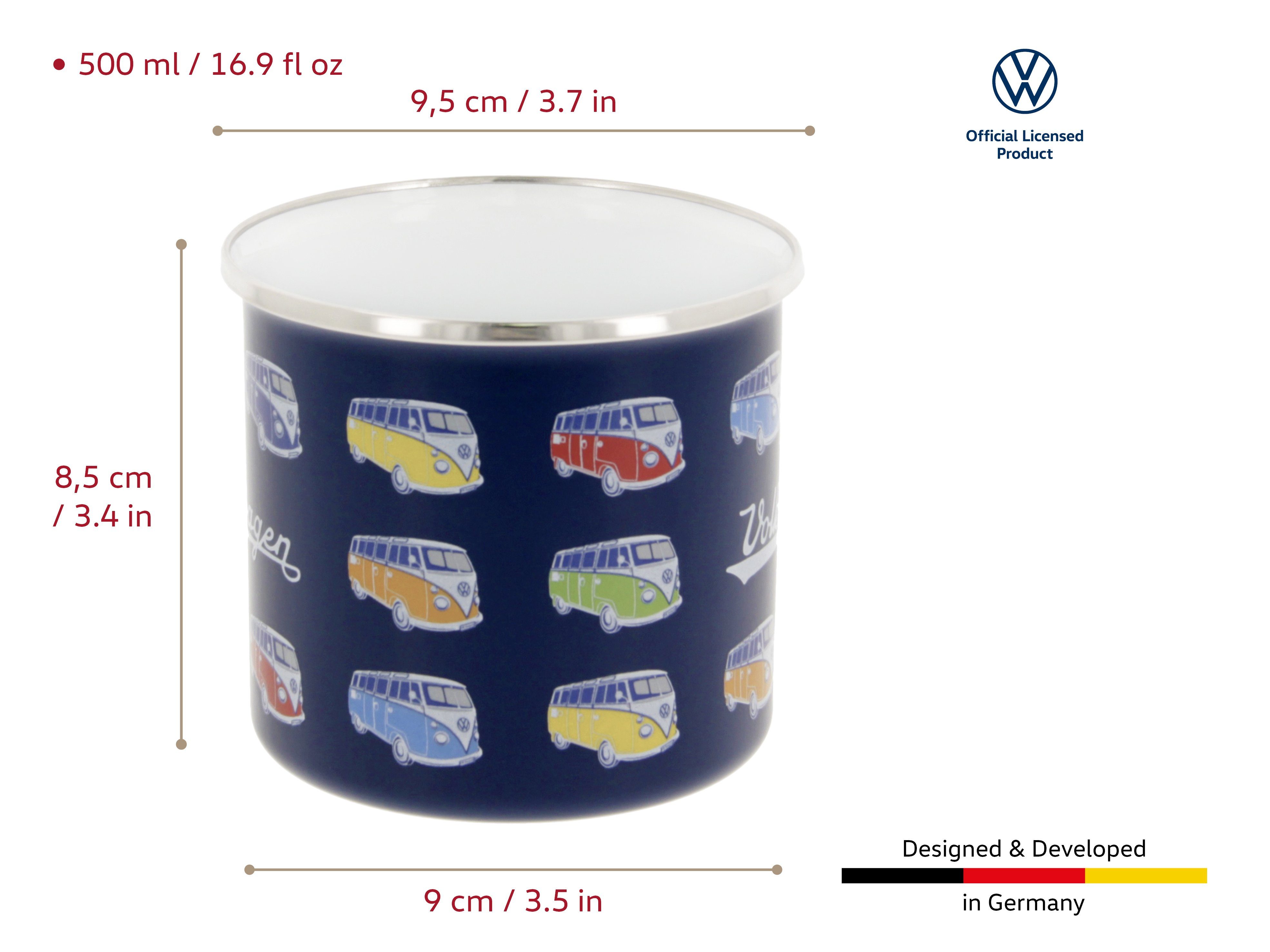 für Collection & Emaille Kaffee-Tee-Tasse-Becher-Haferl, BRISA Bus und Tasse in Volkswagen Große Designs T1 Parade/Blau VW Stahlblech, Outdoor Farben by Bulli Camping verschiedenen