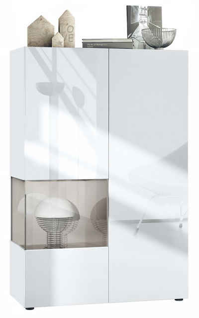 Vladon Standvitrine Morena V2 (Standvitrine, mit 2 Türen und Glaseinsatz) Weiß matt/Weiß Hochglanz/Sandgrau Hochglanz (91,5 x 136,5 x 37 cm)