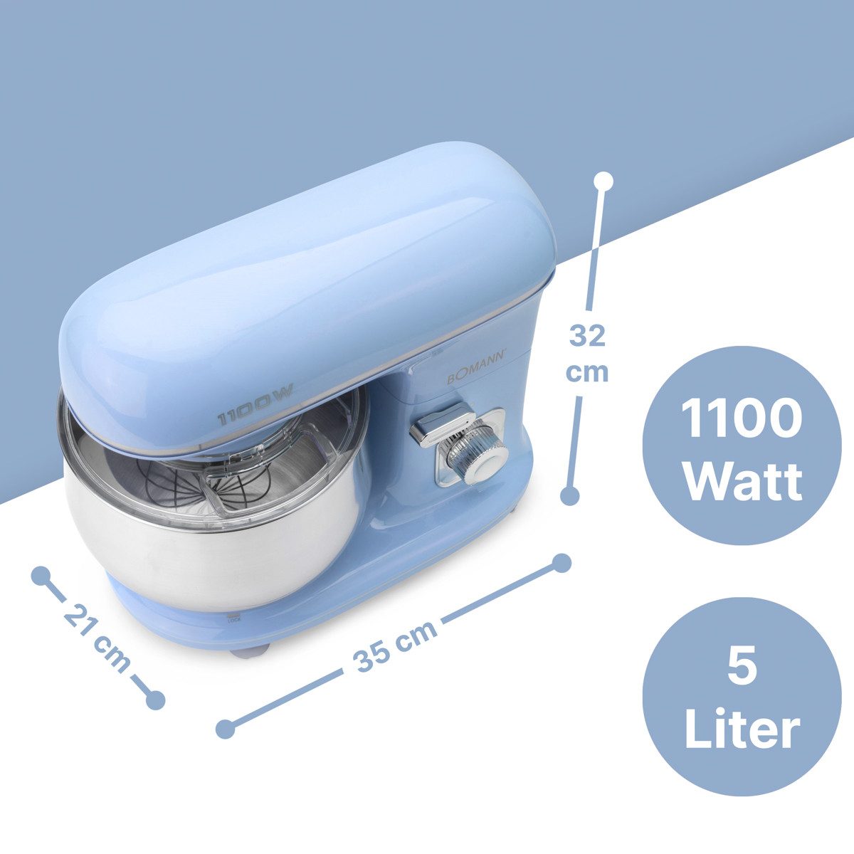 BOMANN Küchenmaschine KM 6030 CB blau, Küchenmaschine 1100 Watt, Knetmaschine 5 Liter