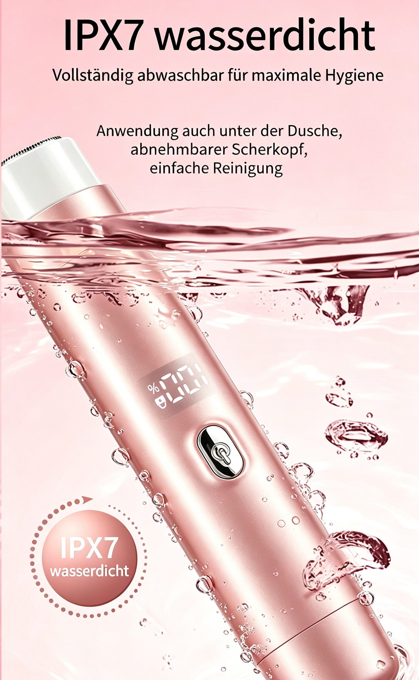 Fyrove Körper- und Bikinitrimmer 2-in-1 Damen, Trimmer + Folienrasierer, USB-C, LED, 5 Aufsätze, Rosa – Bild 5 von 5