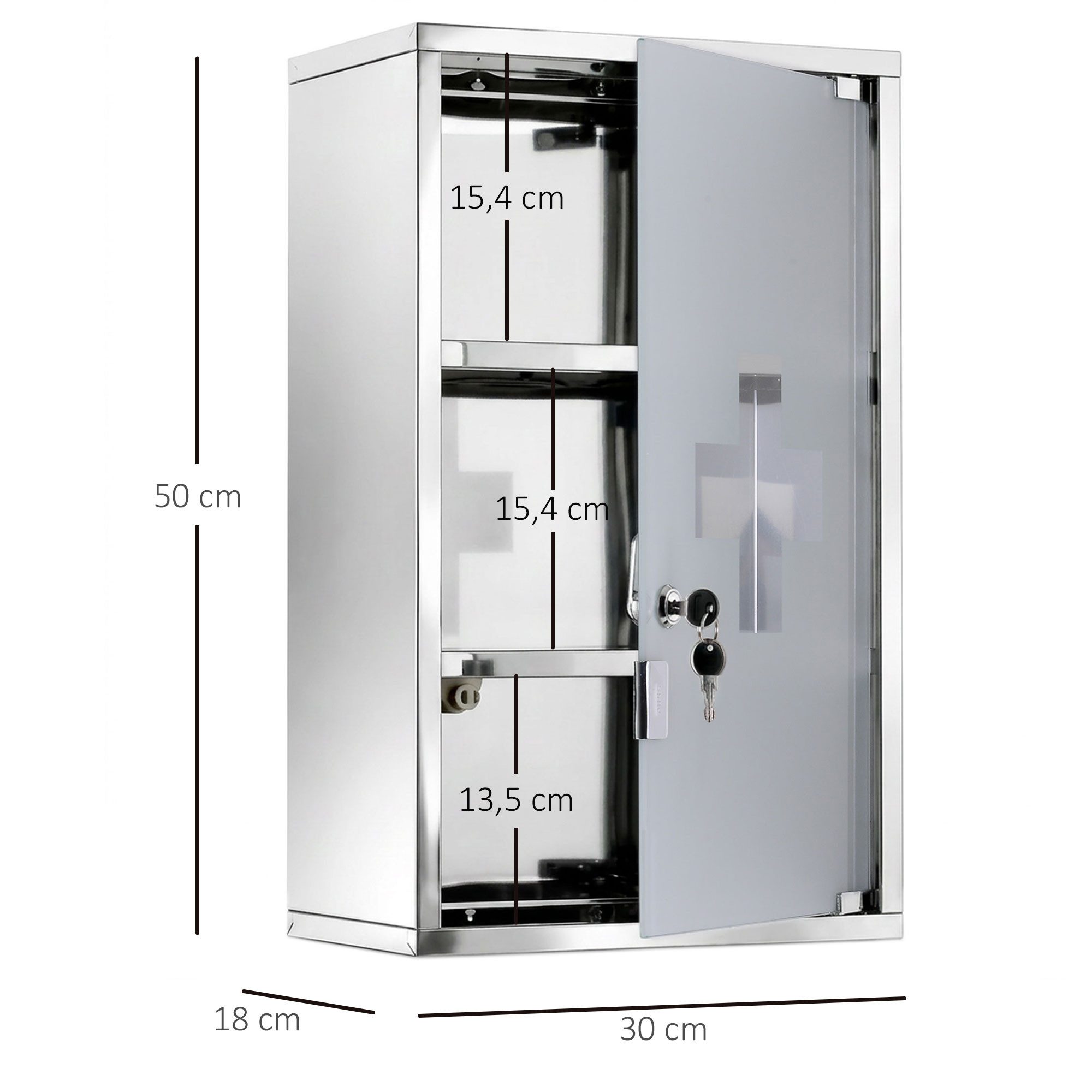 HOMCOM Medizinschrank Erste Hilfe Schrank mit Schloss (Arzneischrank, 1-St., Medikamentschrank) Edelstahl 30 x 18 x 50 cm