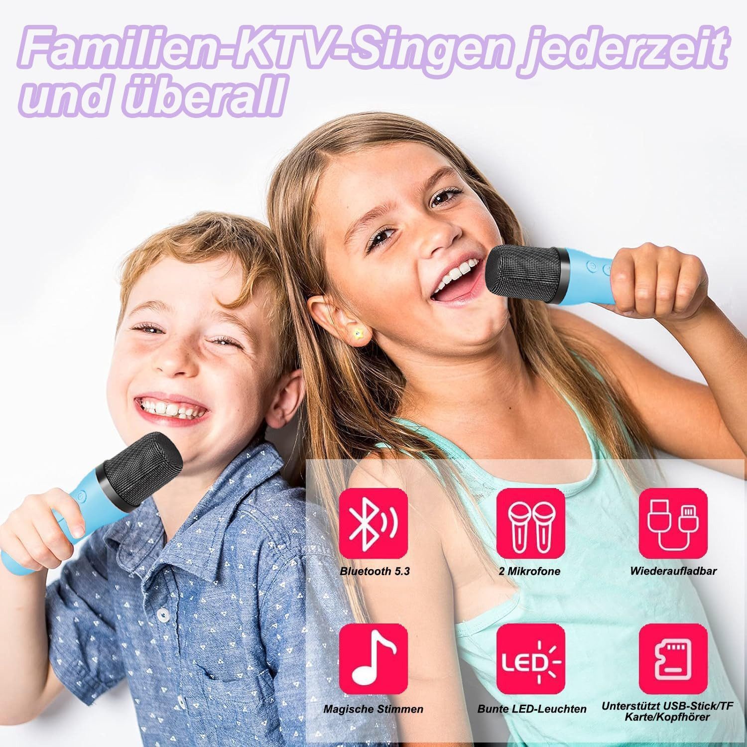 Toomoke Mikrofon Mini Bluetooth Karaoke Maschine mit 2 Drahtlosen Mikrofonen (mit Sprachveränderungseffekten und LED-Licht), Tragbare Bluetooth Lautsprecher Box, Jungen Mädchen Geschenke