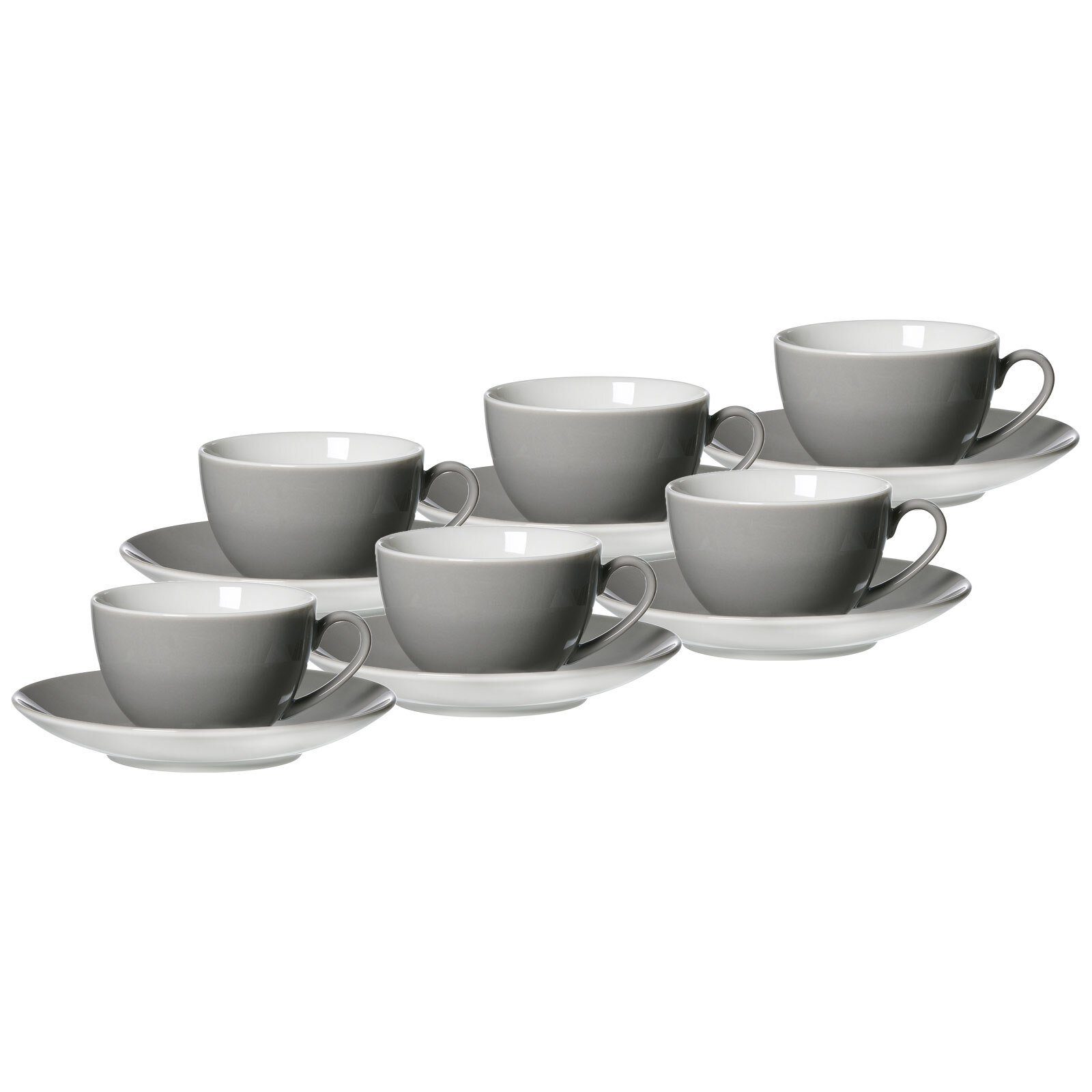 Ritzenhoff & Breker Tasse Doppio Kaffeetassen mit Untertassen 200 ml 6er Set, Porzellan Grau