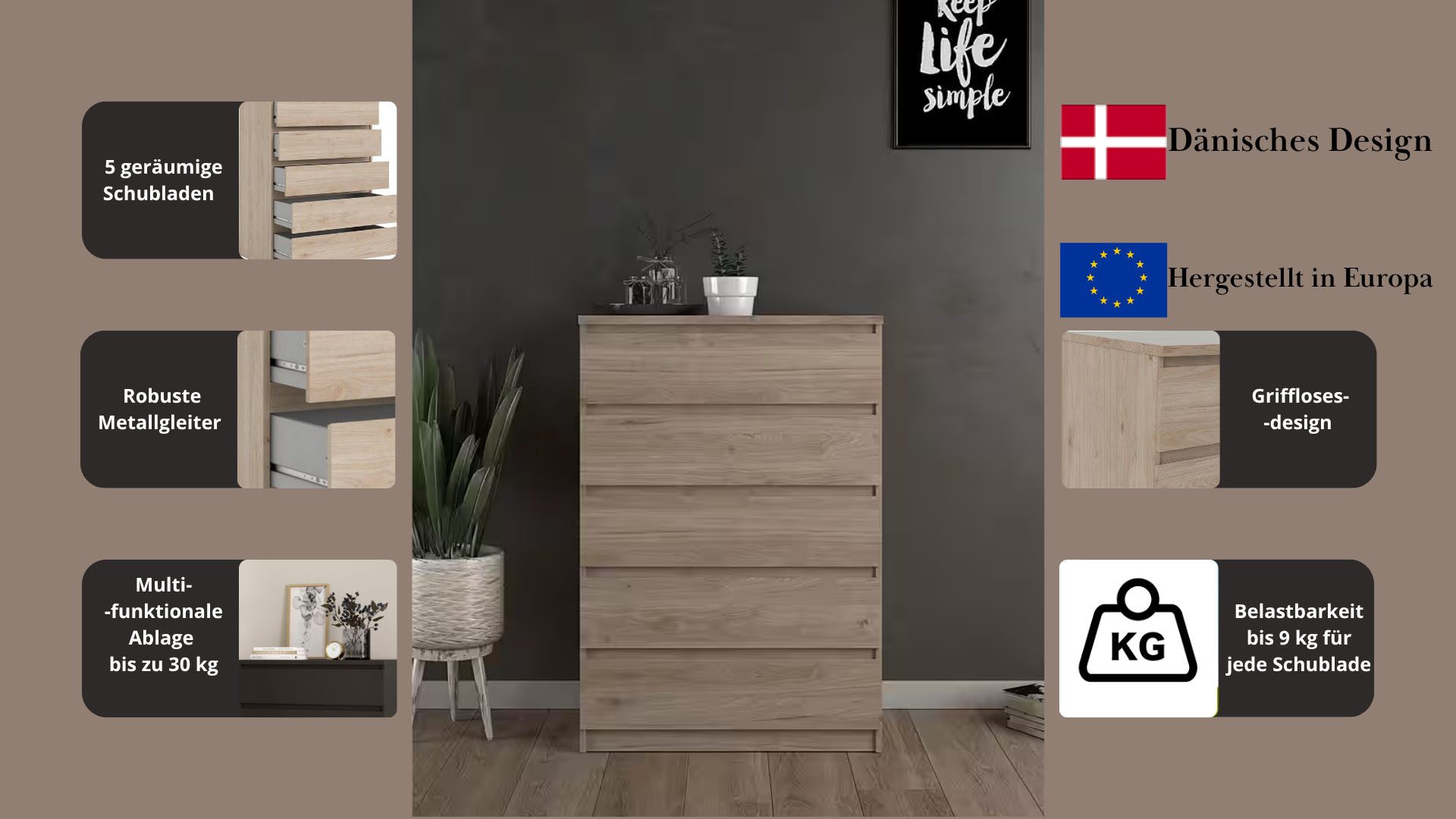 INOSIGN Kommode Naia, Aufbewahrung, 5 Schubladen, Matt-Optik, grifflose Front, Modern, skandinavisches Design, in mehrere Farben, Hoch