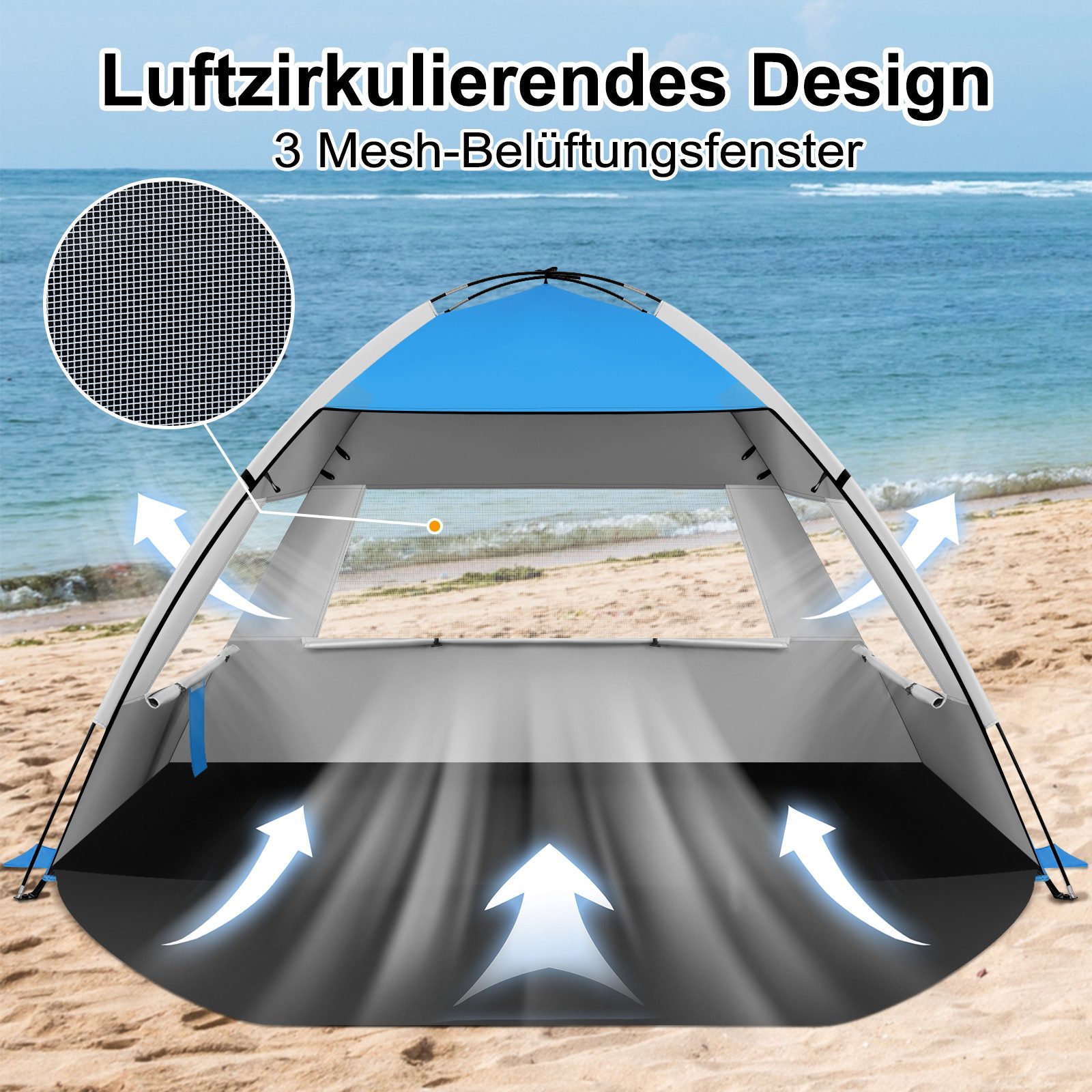 EUGAD Strandmuschel, Personen: 4 (1 tlg), UV-Schutz 50+, mit Tür Netzfenstern, Strandzelt tragbar