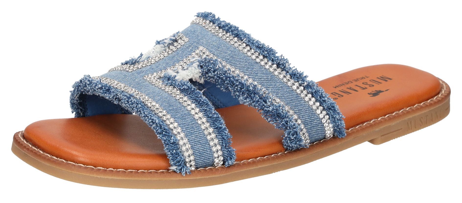 Mustang Shoes Pantolette, Flats, Sandale im Jeans-Look mit Strass-Steinchen günstig online kaufen