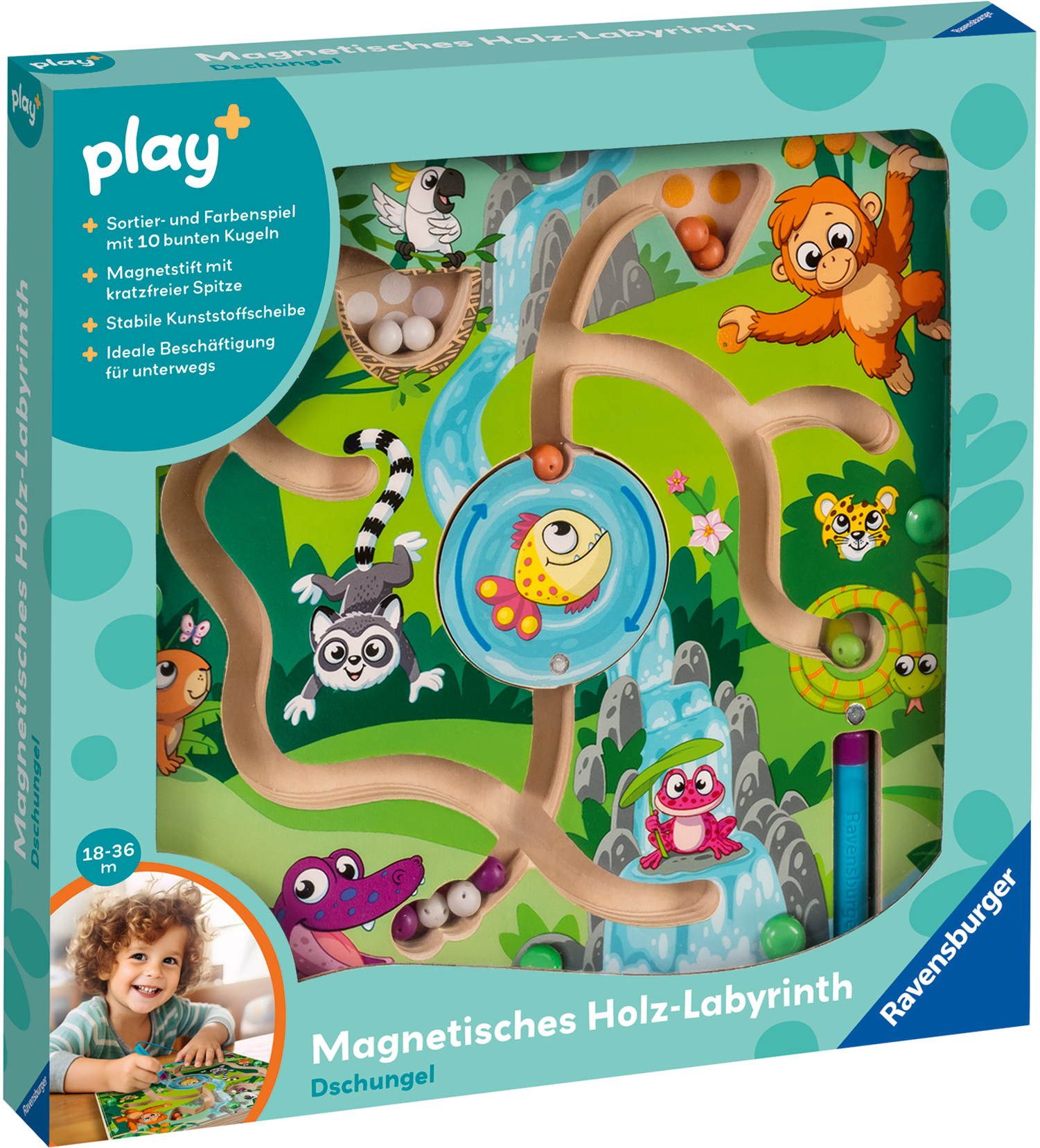 Ravensburger Spiel Motorikspielzeug Play+ Magnetisches Holz-Labyrinth: Dschungel 04873